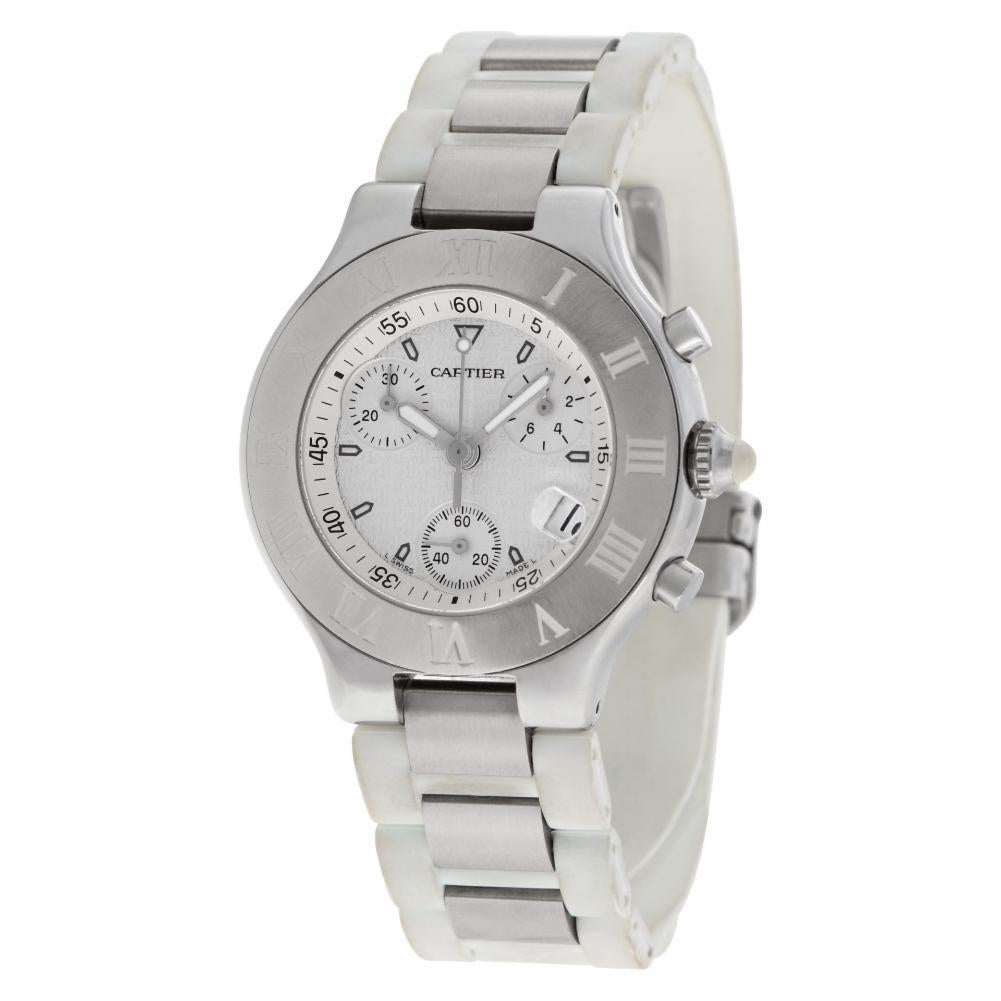 Cartier Chronoscaph 21 W10184U2 Stainless Steel White Dial Quartz Watch In Excellent Condition In Miami, FL