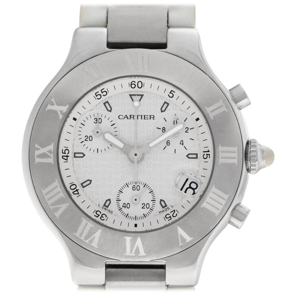 Cartier Chronoscaph 21 in stainless steel on a white rubber strap. Quartz w/ subseconds and date. Ref W10184U2. Circa 2000s. Fine Pre-owned Cartier Watch. Certified preowned Cartier Chronoscaph 21 W10184U2 watch is made out of Stainless steel on a
