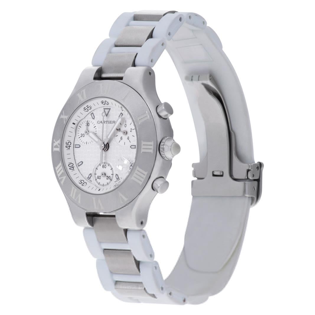 Cartier Chronoscaph in stainless steel on a white rubber and steel band. Quartz w/ sub seconds, date and chronograph. 38 mm case size. Ref 2424. Circa 2000s. Fine Pre-owned Cartier Watch. Certified preowned Sport Cartier Chronoscaph W522981 watch is