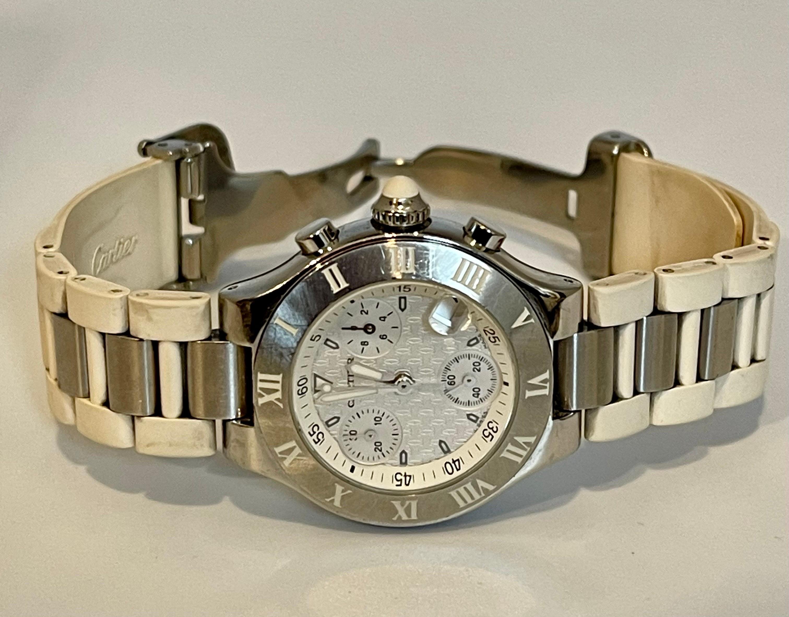 Cartier Chronoscaph 2996 Ladies Steel Chronograph Date 32MM Quartz Watch

Movement	Quartz
Clasp/ Buckle Material	Stainless Steel
Total Weight	64 gr.
Bezel Diameter	29 mm 
Case Length with Lugs	36 mm
Case Width with Crown	94 mm
Crown