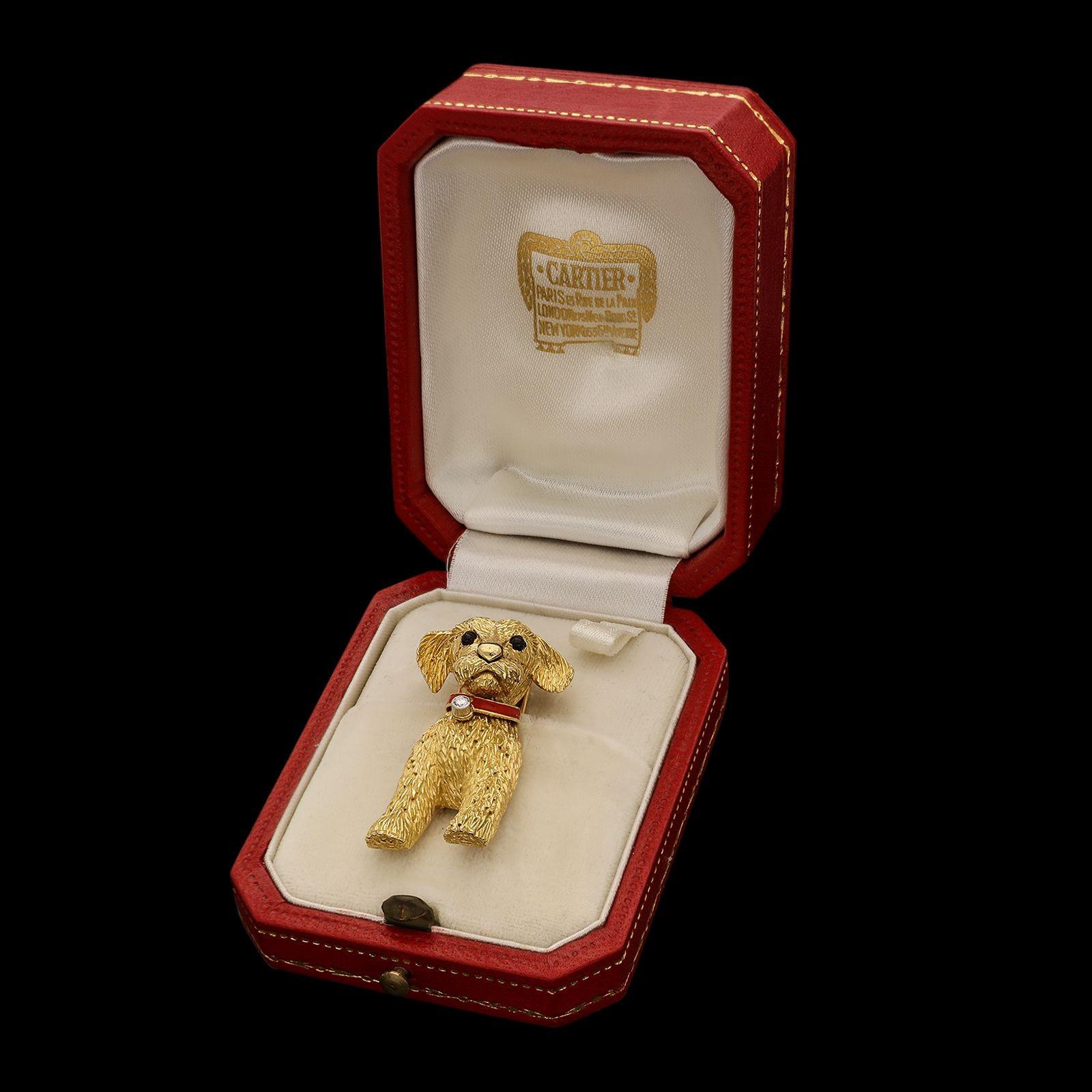 Cartier circa 1960s Charming Gold Diamond and Enamel Dog Brooch In Good Condition In London, GB