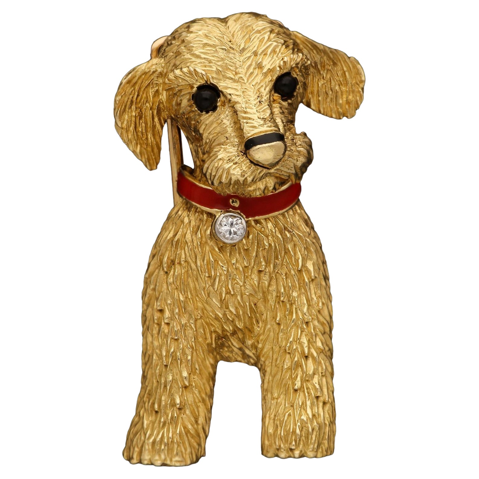 Cartier ca. 1960er Jahre Charmante Hundebrosche aus Gold mit Diamanten und Emaille