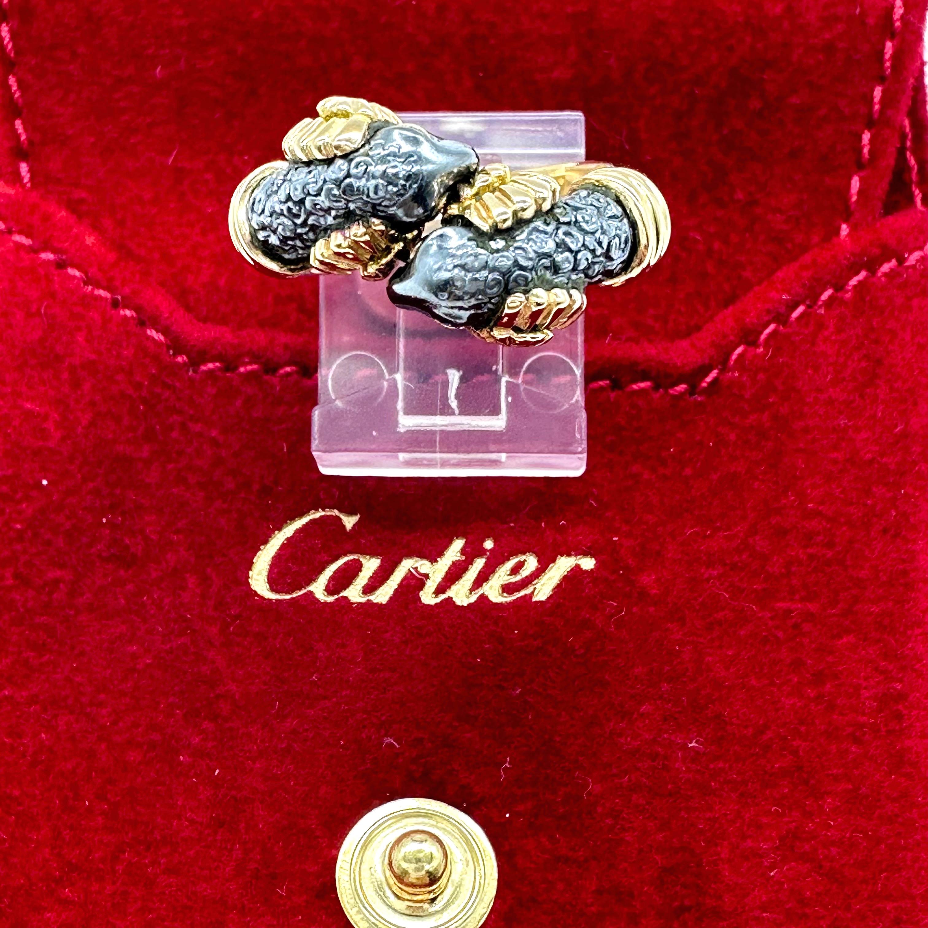 Cartier circa 1990 Silverioum Ram's Head Bypass 18 Karat Yellow Gold Ring For Sale 1