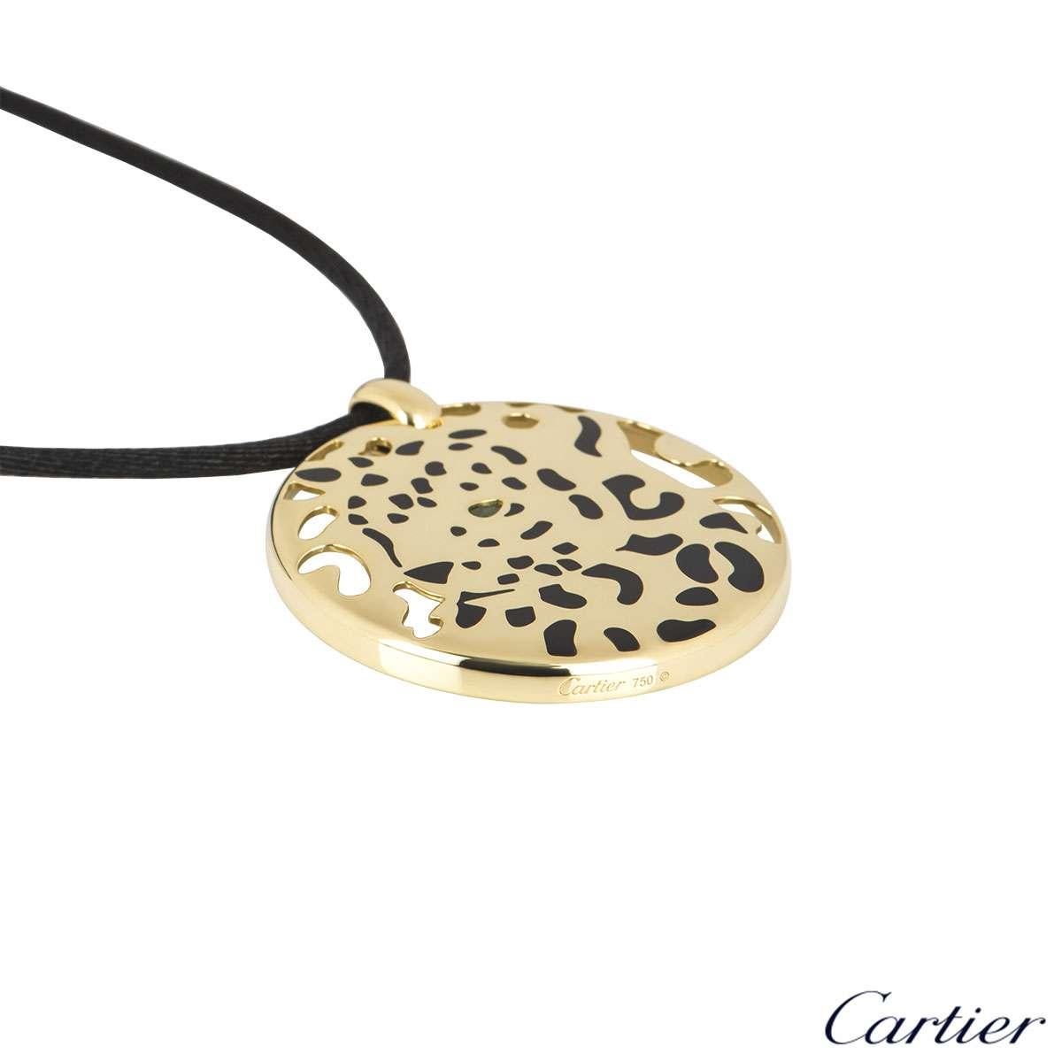 Women's or Men's Cartier Circular Motif Panthere Necklace in Black Lacquer and Tsavorite