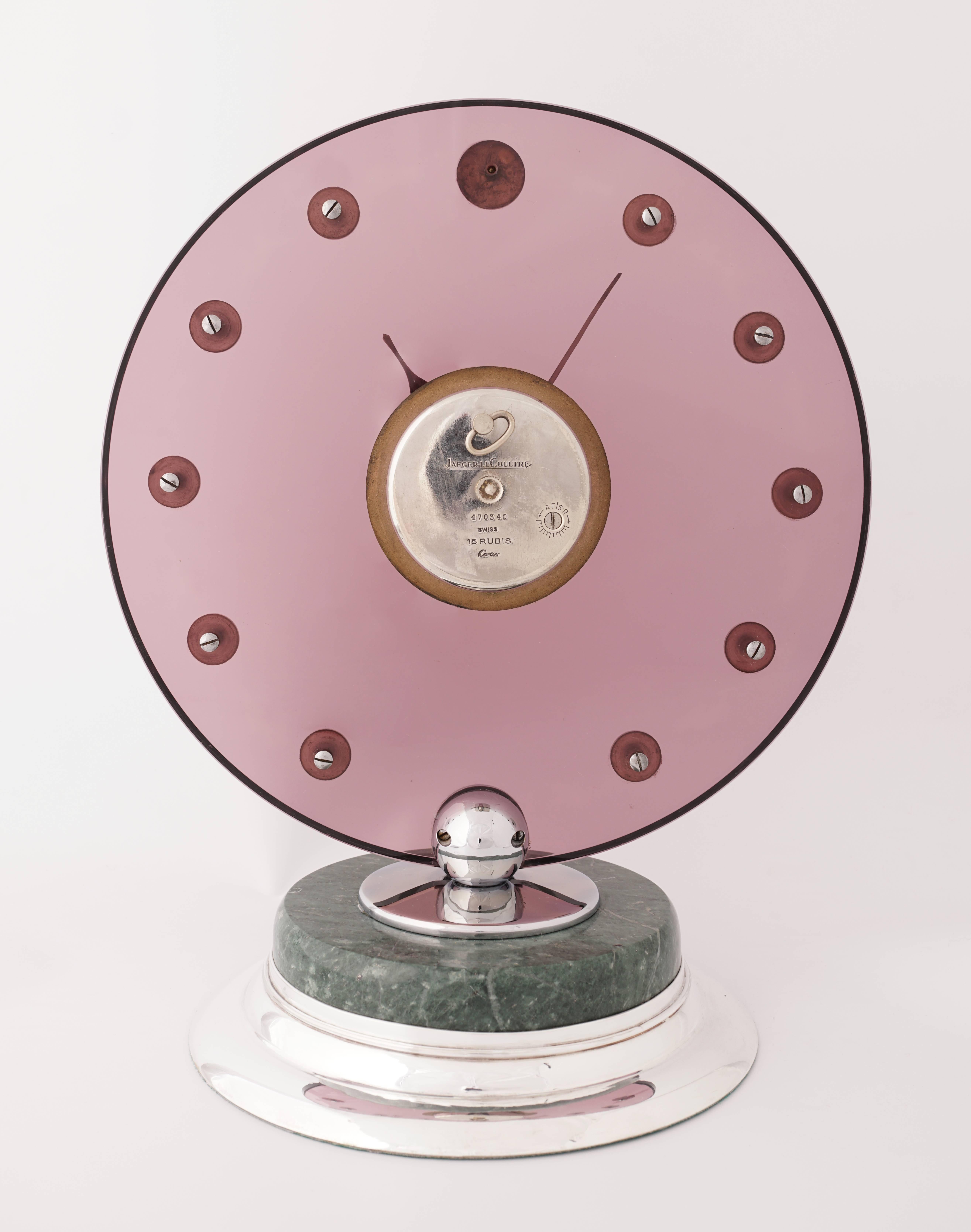 Women's or Men's Cartier Circular Silver Pink Glass Marble Art Deco Clock, circa 1935