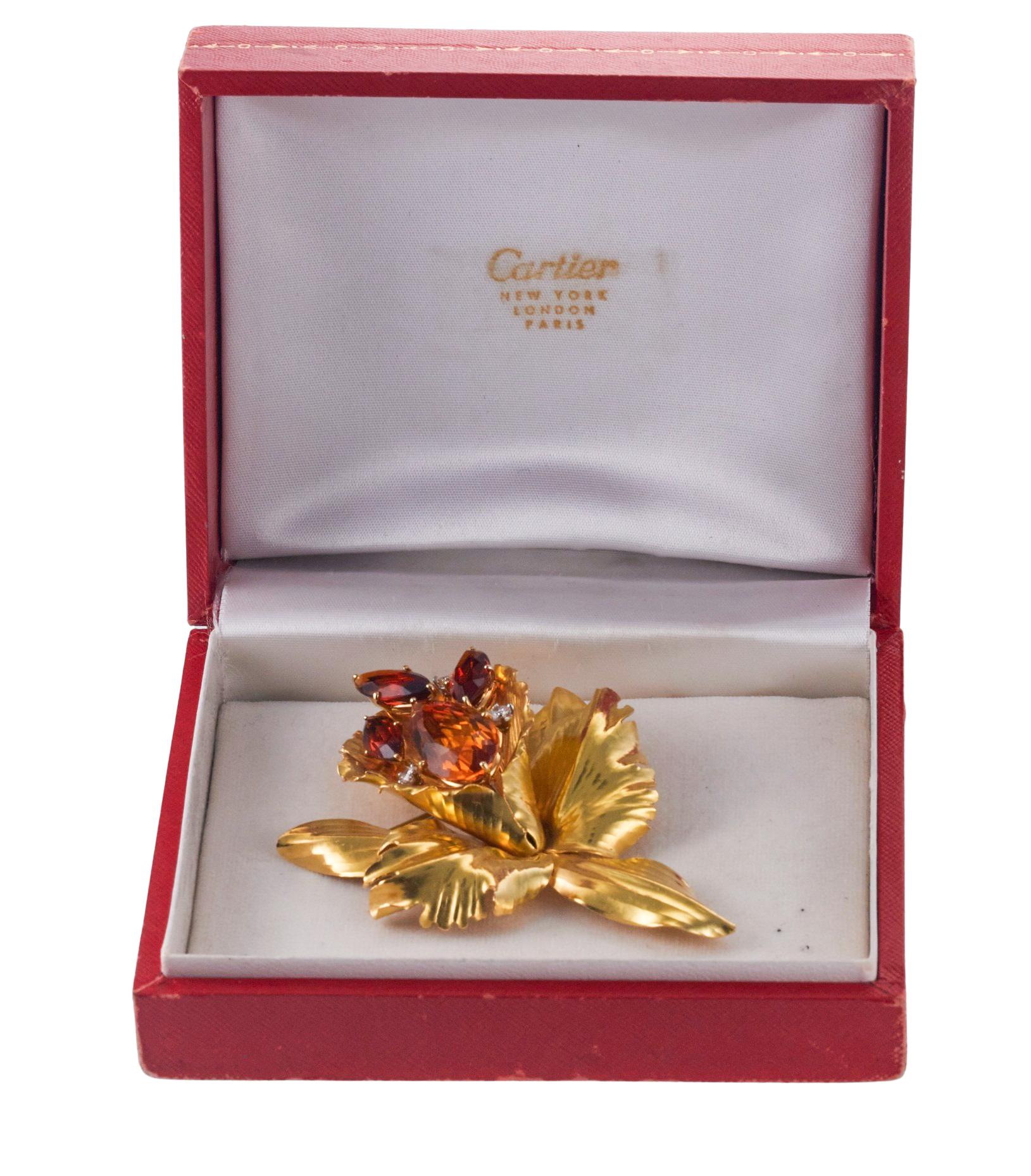 Cartier Orchidee-Blumenbrosche, Citrin, Diamant, Gold (Rundschliff) im Angebot
