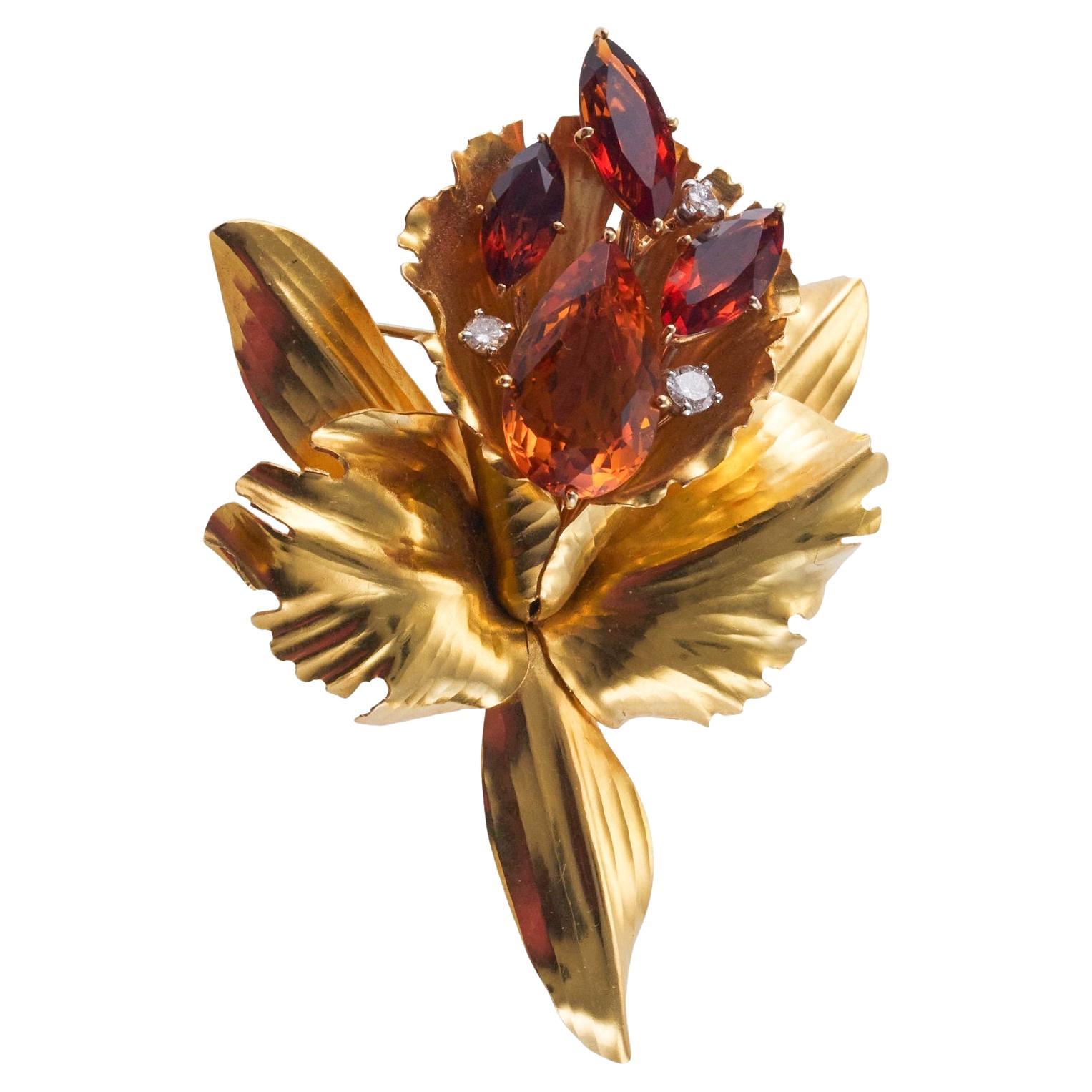 Cartier Citrine Diamond Gold Orchid Flower Brooch For Sale
