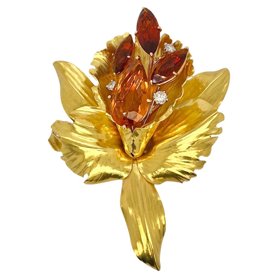 Cartier Citrine Diamond Gold Orchid Flower Brooch