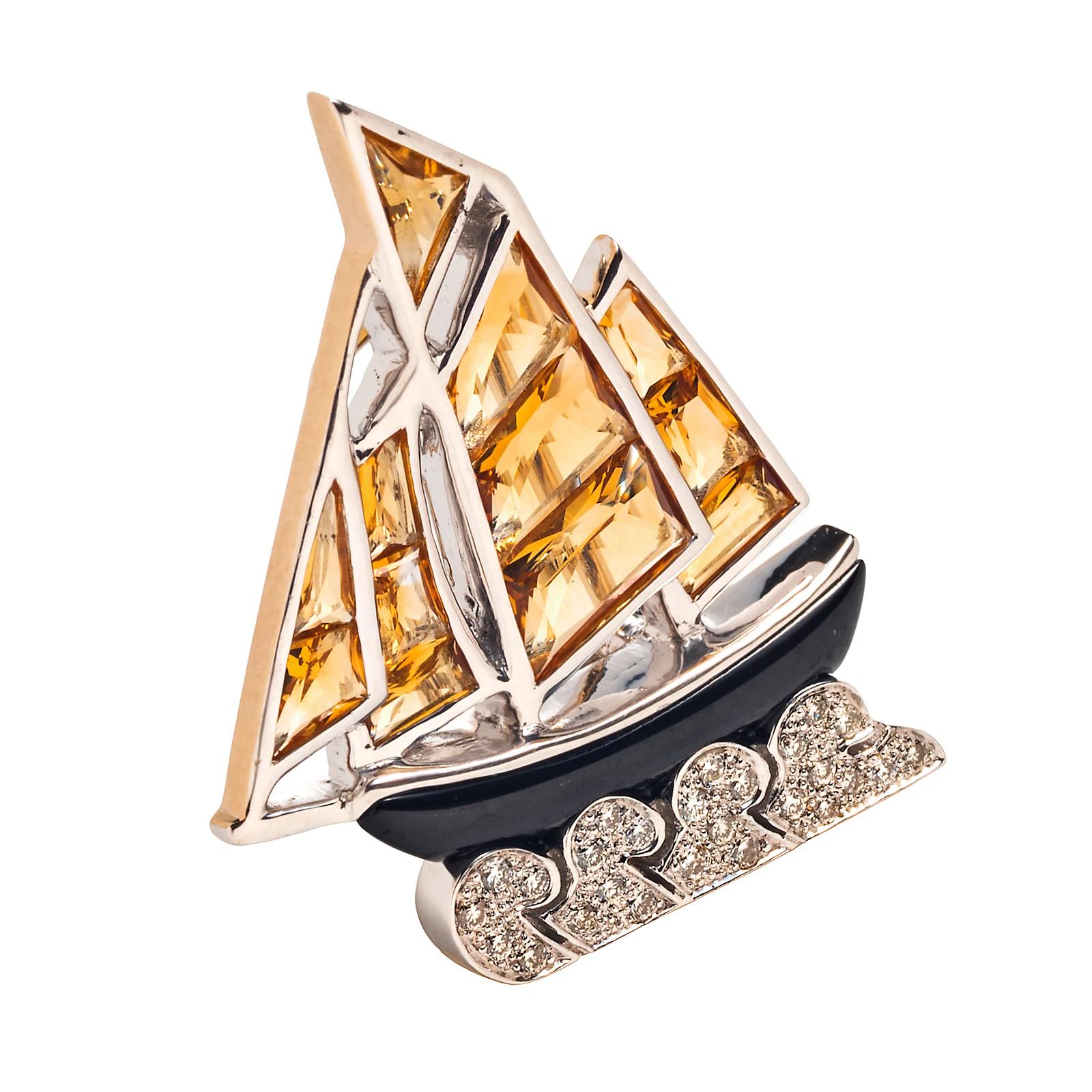 It is said that a brooch is the purest expression of the jeweler’s art. In this buoyant Cartier piece the careful cutting of the citrines captures the essence of a boat under full sail. The onyx hull glides along swelling waves composed of 26 round