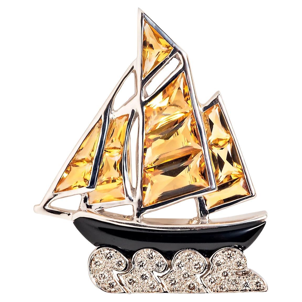 Cartier Citrine, Onyx and Diamond Sailboat Brooch For Sale