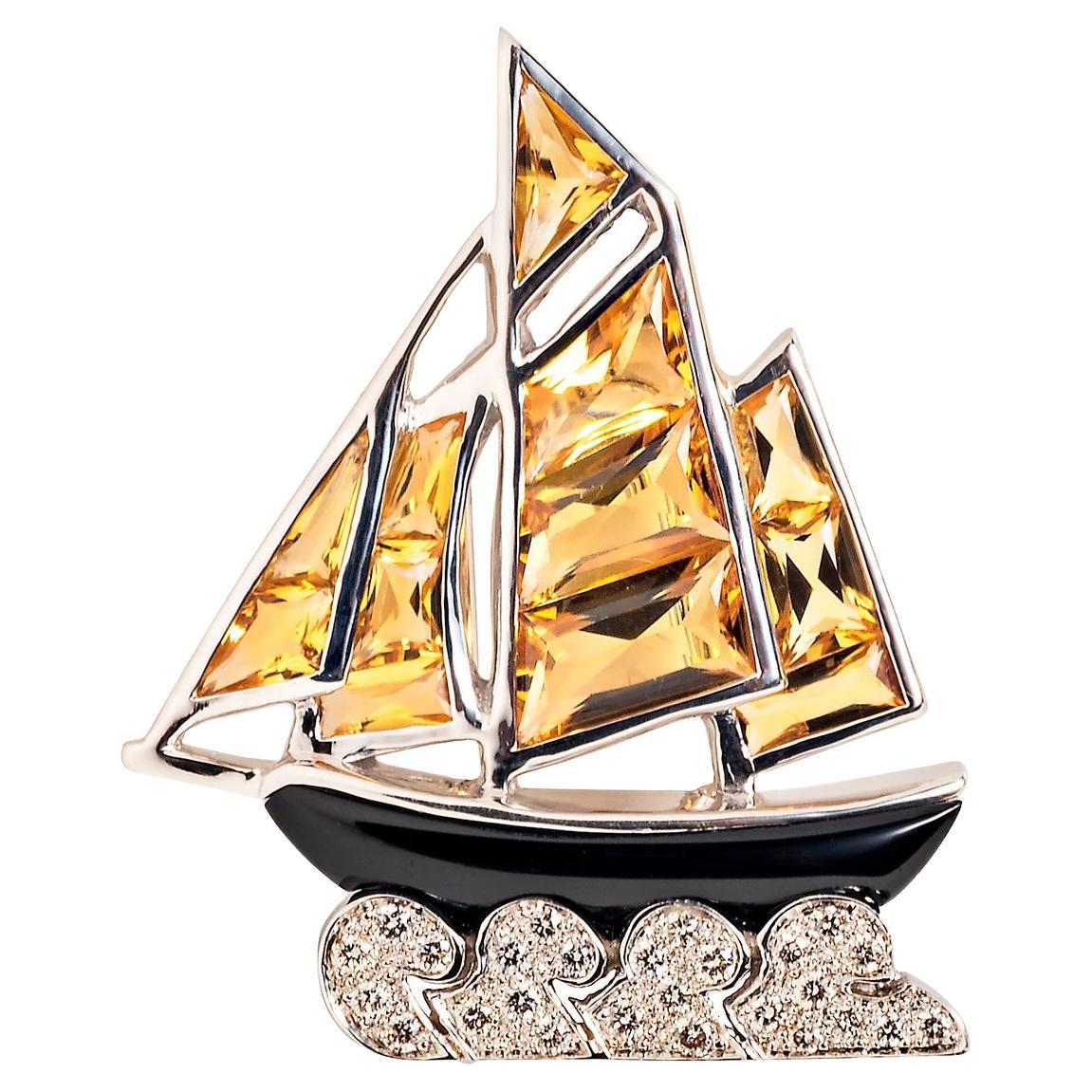 Cartier Citrine, Onyx and Diamond Sailboat Brooch