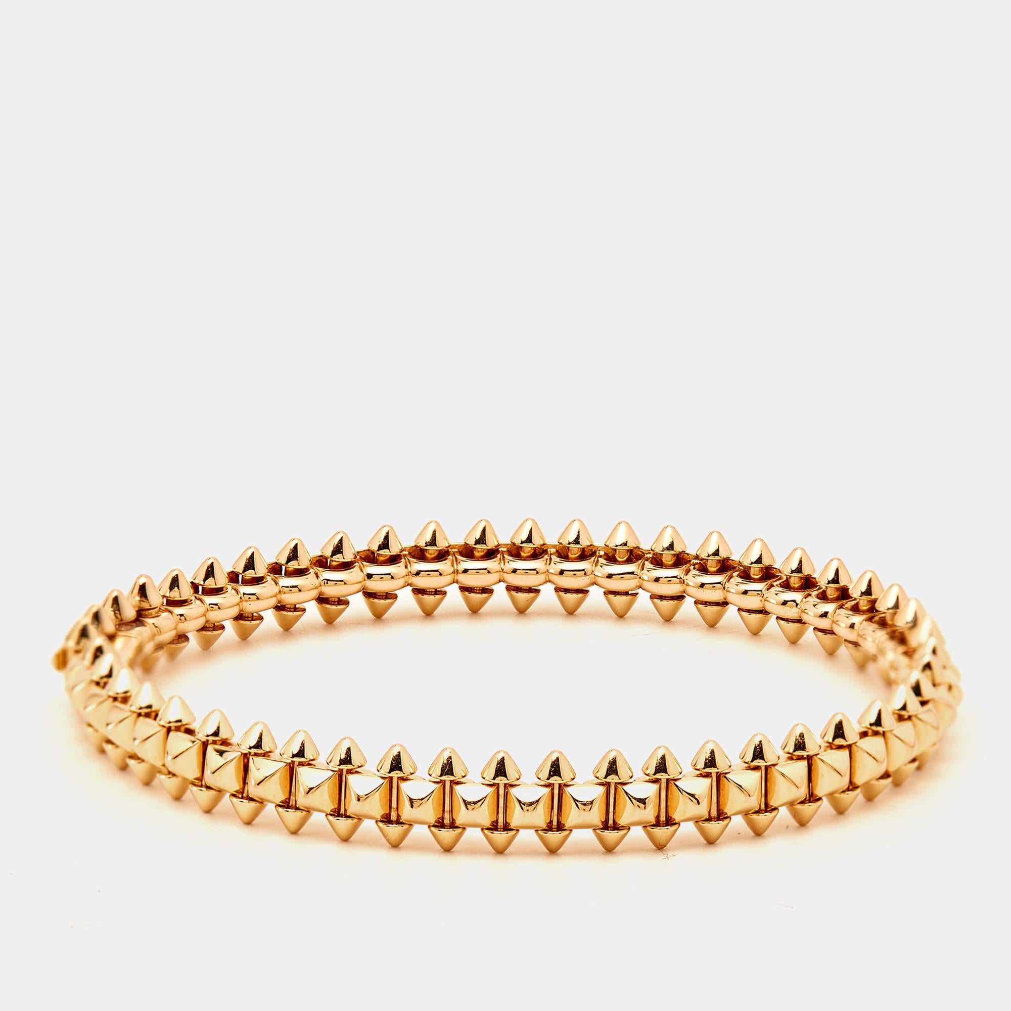 This bracelet from Cartier's Clash de Cartier collection is defined by distinct shapes and classic forms assembled into a band. Meticulously crafted using 18k rose gold, the bracelet has pyramid studs and cone motifs to form a stunning outline