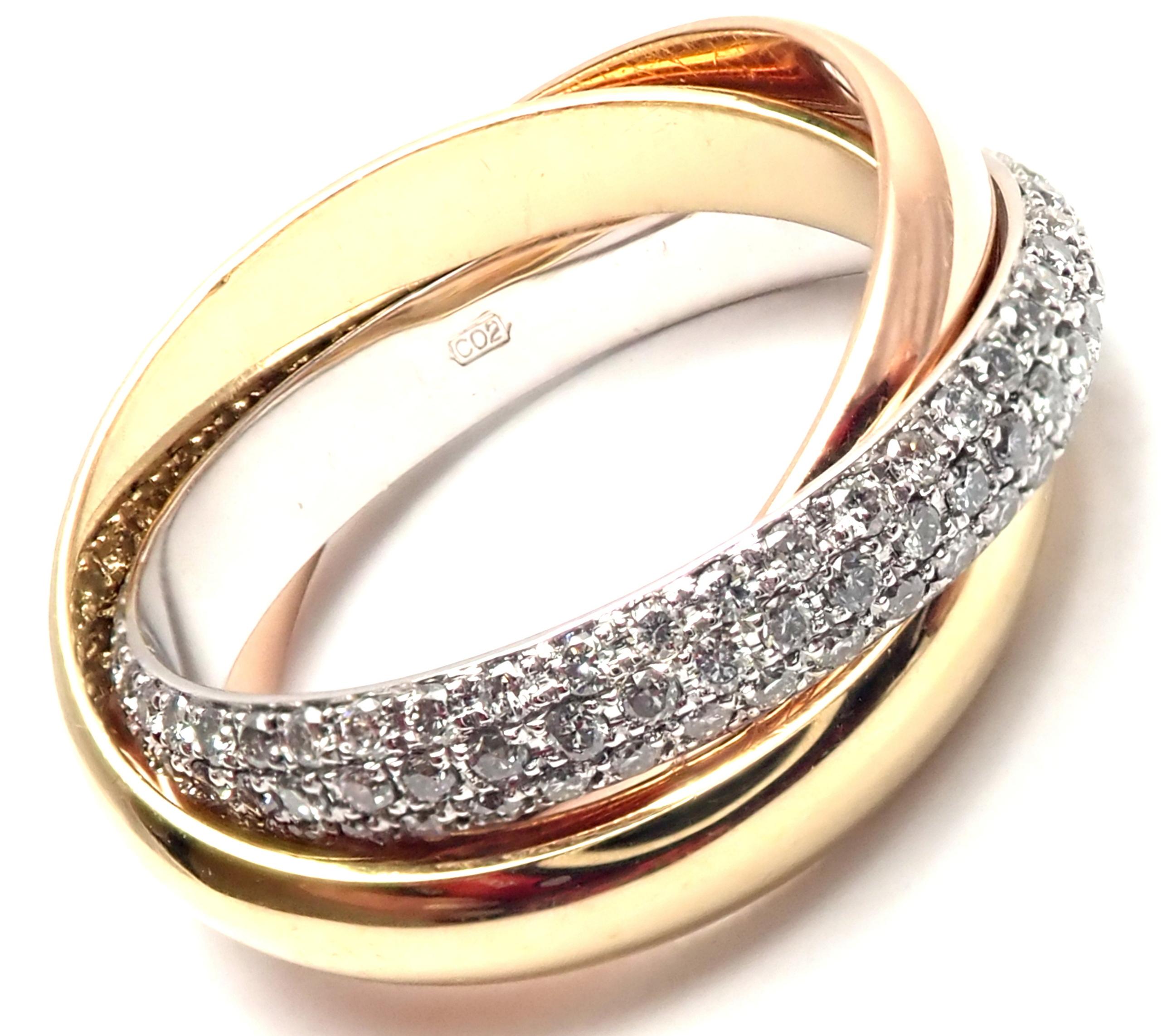 18k Tri-Color Gold Diamond Classic Trinity Band Ring by Cartier.
With Round Brilliant cut diamonds VVS1 clarity, F-H color total weight approx. .90ct
This ring comes with Cartier box and Cartier service paper.
Details:
Size: European 52 US 6
Single