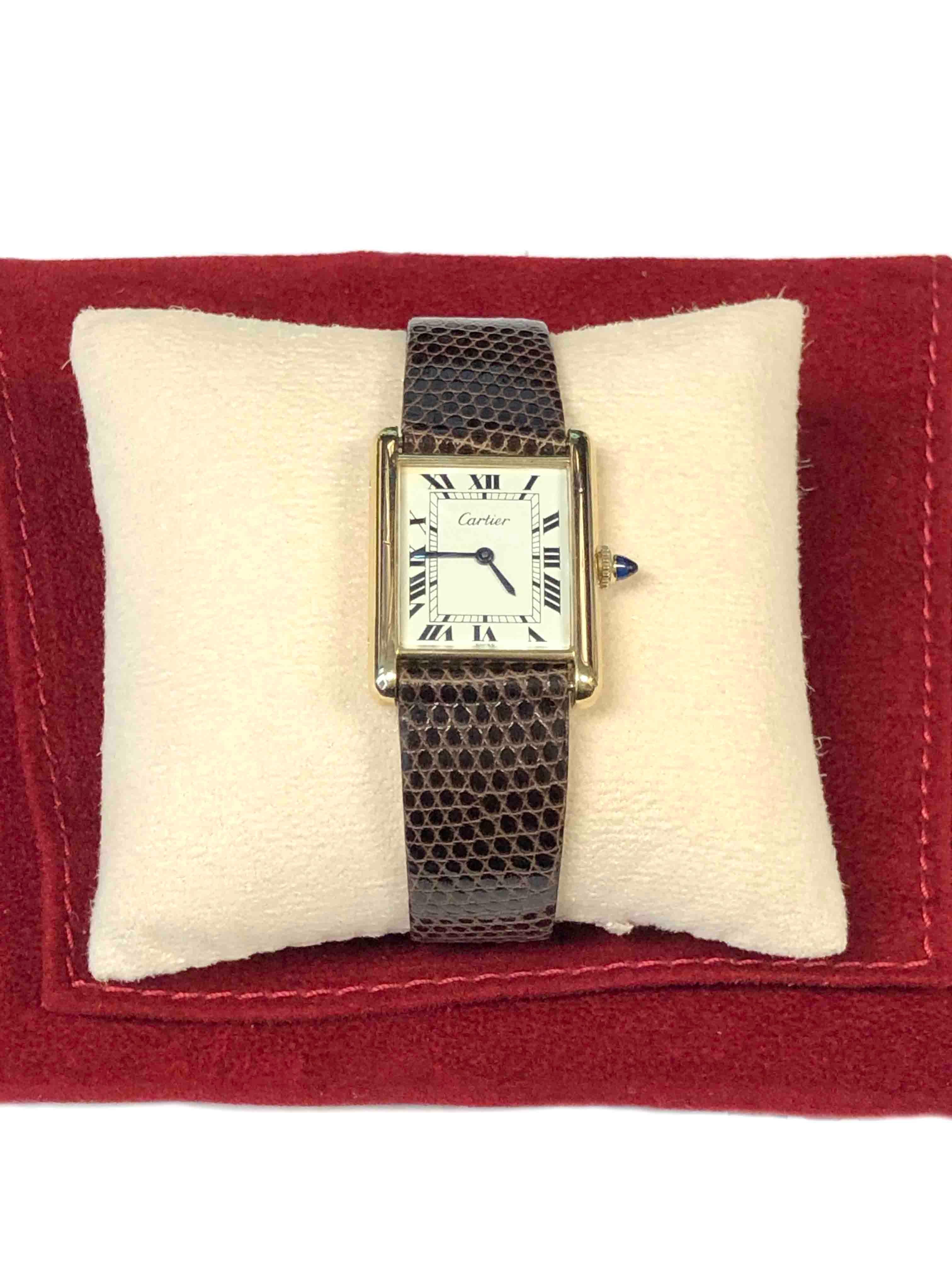 Cartier Classic Gold Plate Mechanical Unisex Tank Wristwatch In Excellent Condition In Chicago, IL