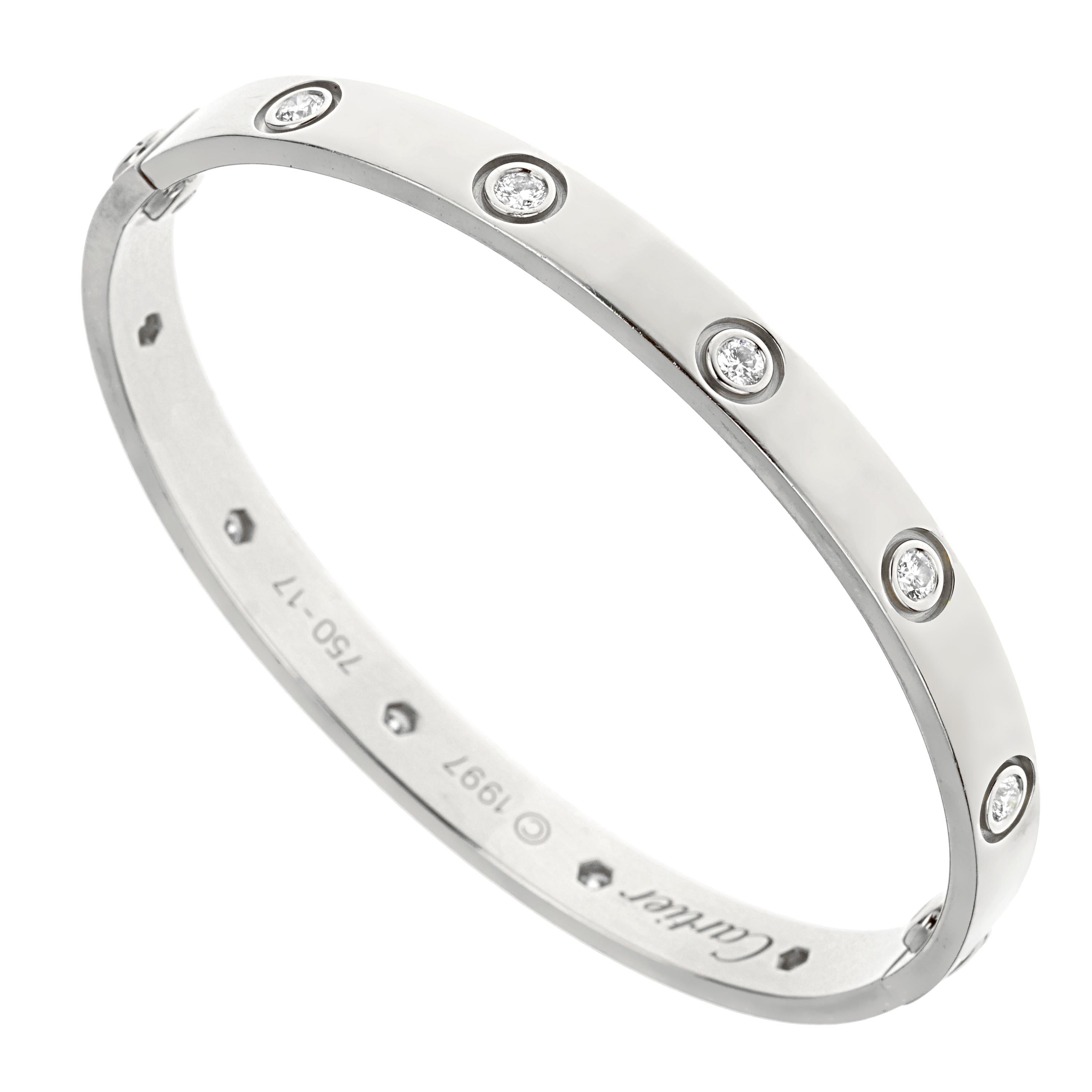 Taille ronde Cartier Classic Love 10 Diamond 18k White Gold Bangle Bracelet en vente