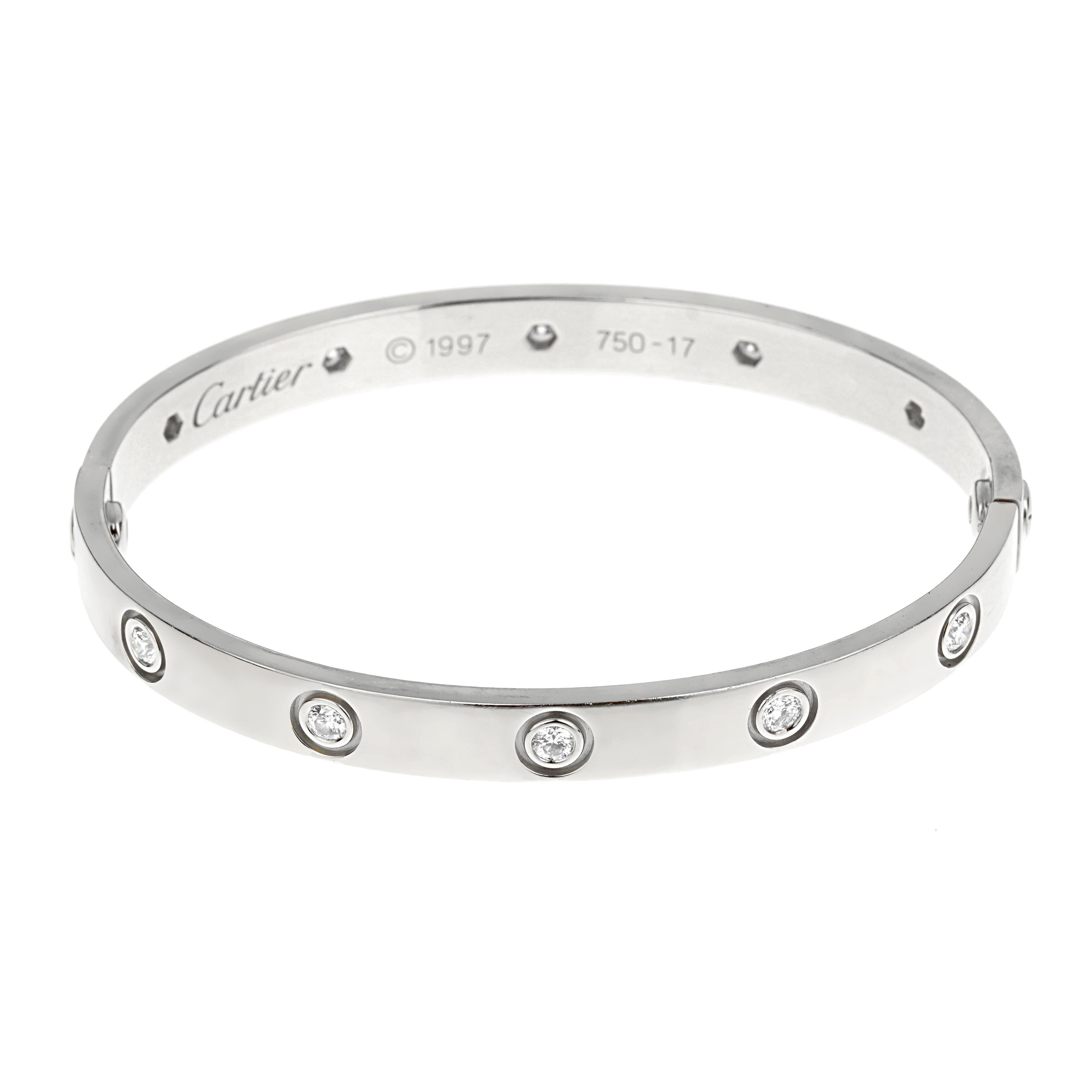 Cartier Classic Love 10 Diamond 18k White Gold Bangle Bracelet Bon état - En vente à Feasterville, PA