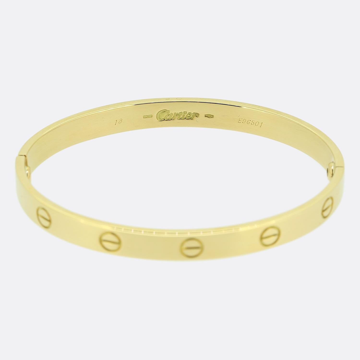 Here we have an 18ct yellow gold bangle from the world renowned luxury jewellery house of Cartier. This bangle forms part of the LOVE collection and is one of the most celebrated items of jewellery in the world. This particular item is the original