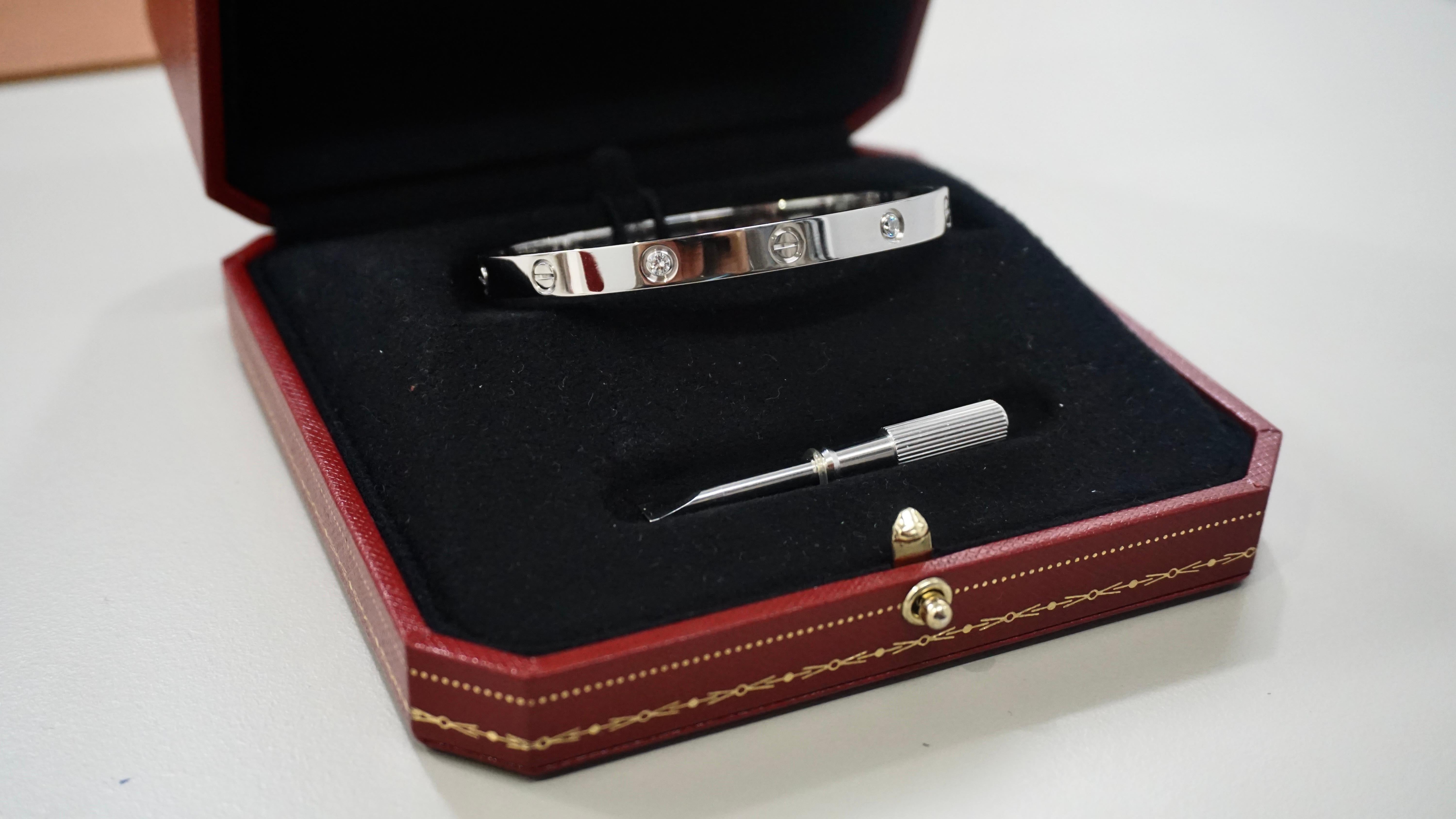 Cartier Classic Love Bracelet Four Diamond Bangle in White Gold Size 19 For Sale 5