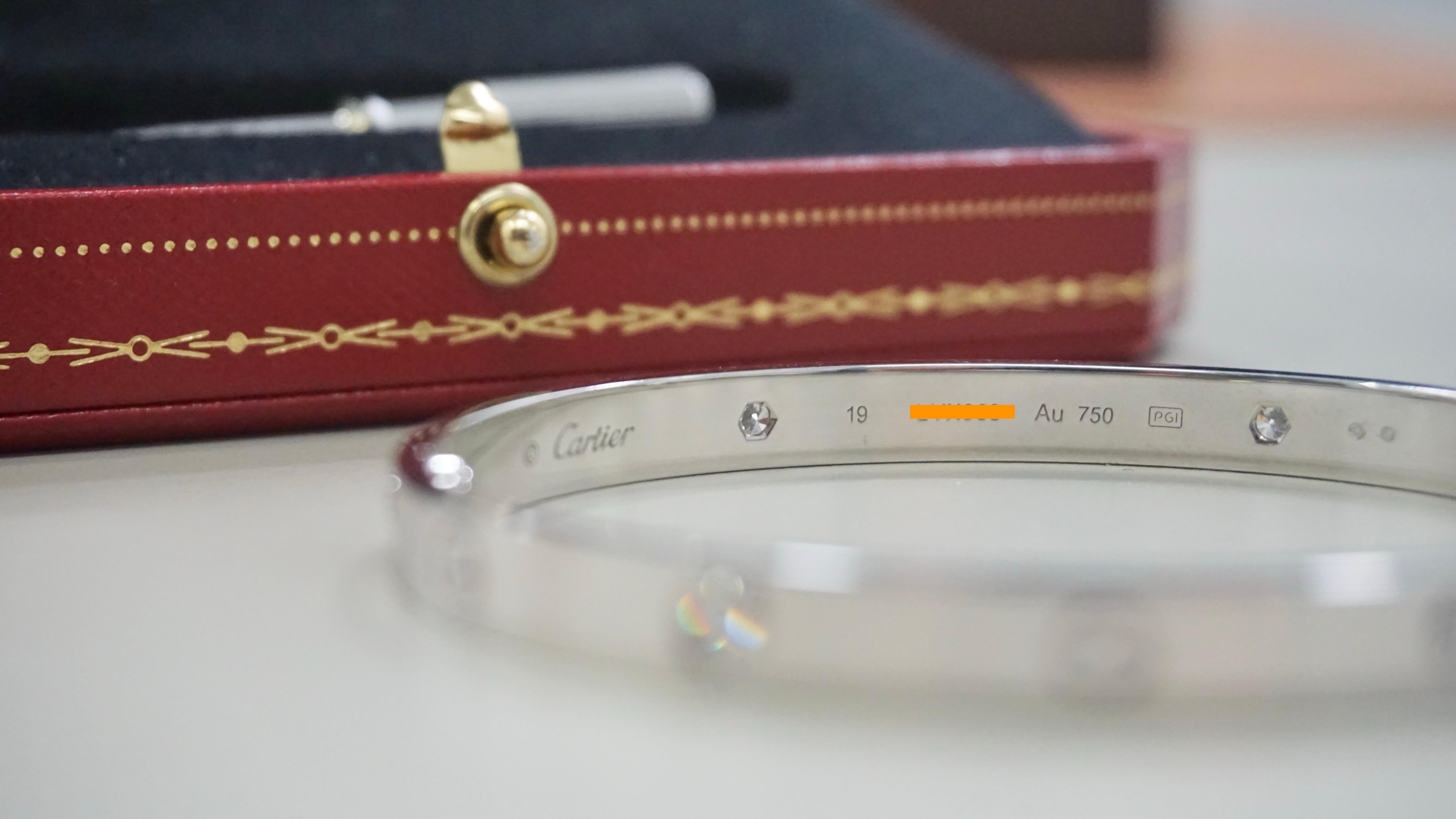 Round Cut Cartier Classic Love Bracelet Four Diamond Bangle in White Gold Size 19 For Sale