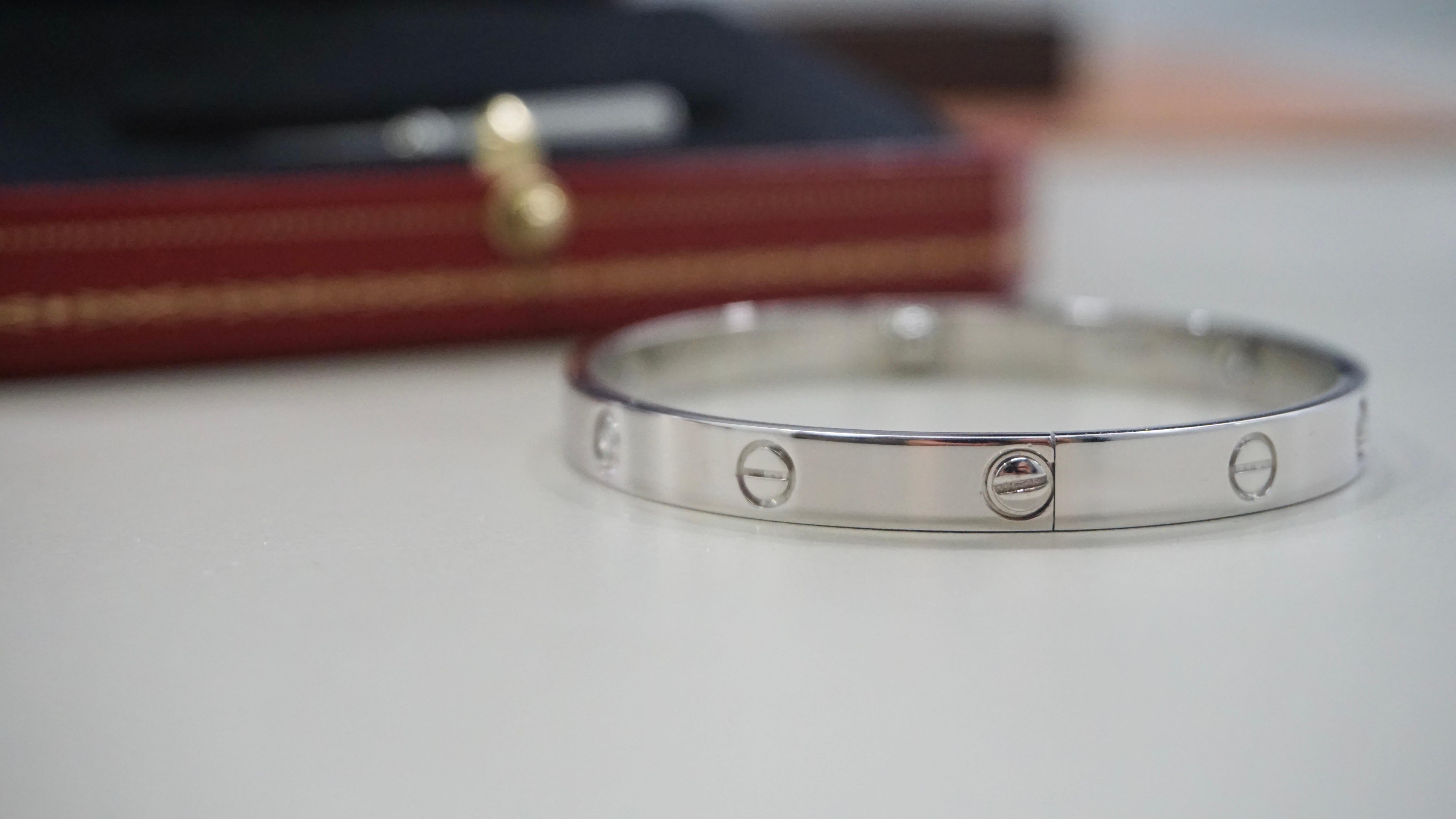 Cartier Classic Love Bracelet Four Diamond Bangle in White Gold Size 19 In Excellent Condition For Sale In London, GB