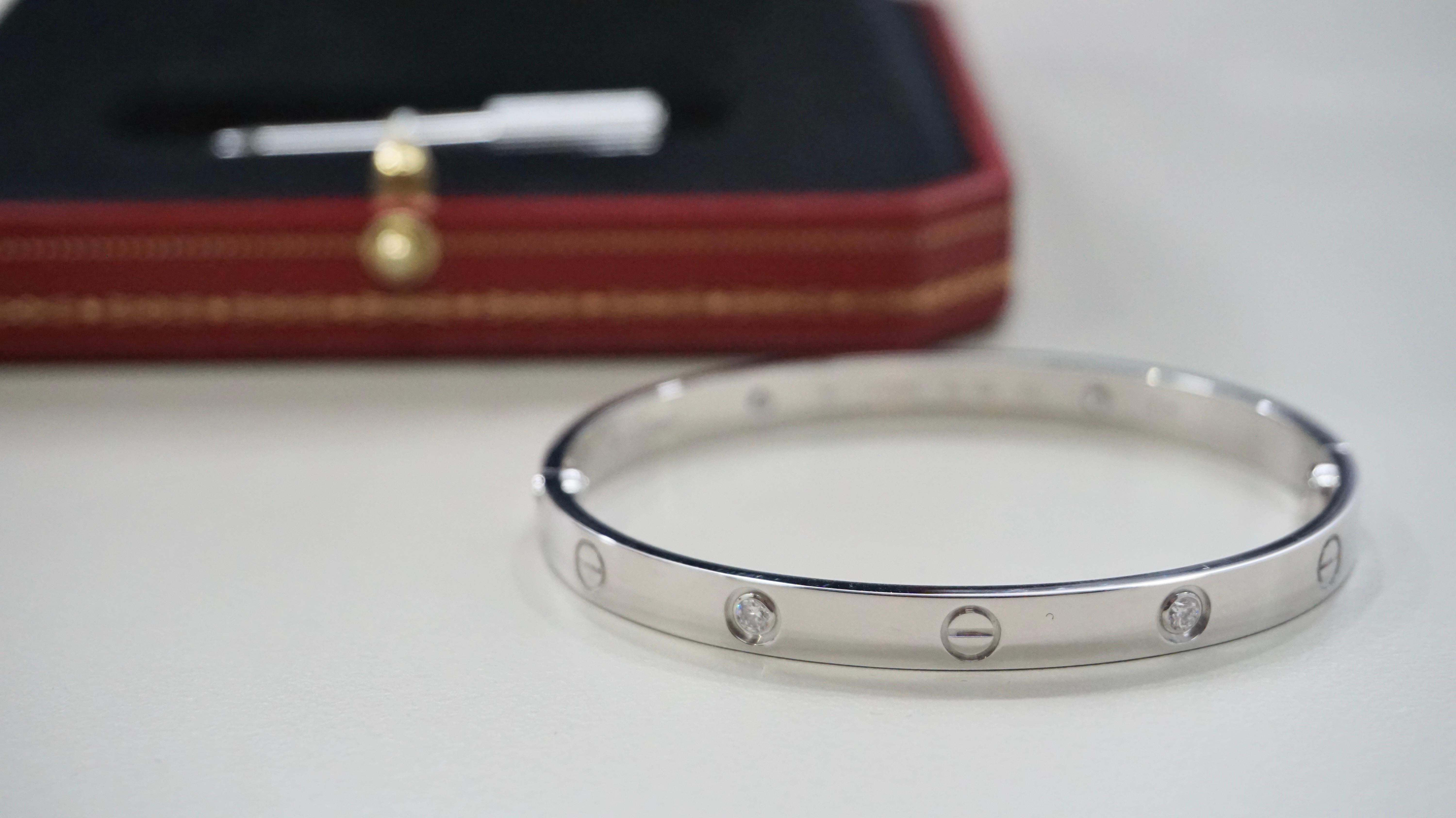 Women's or Men's Cartier Classic Love Bracelet Four Diamond Bangle in White Gold Size 19 For Sale