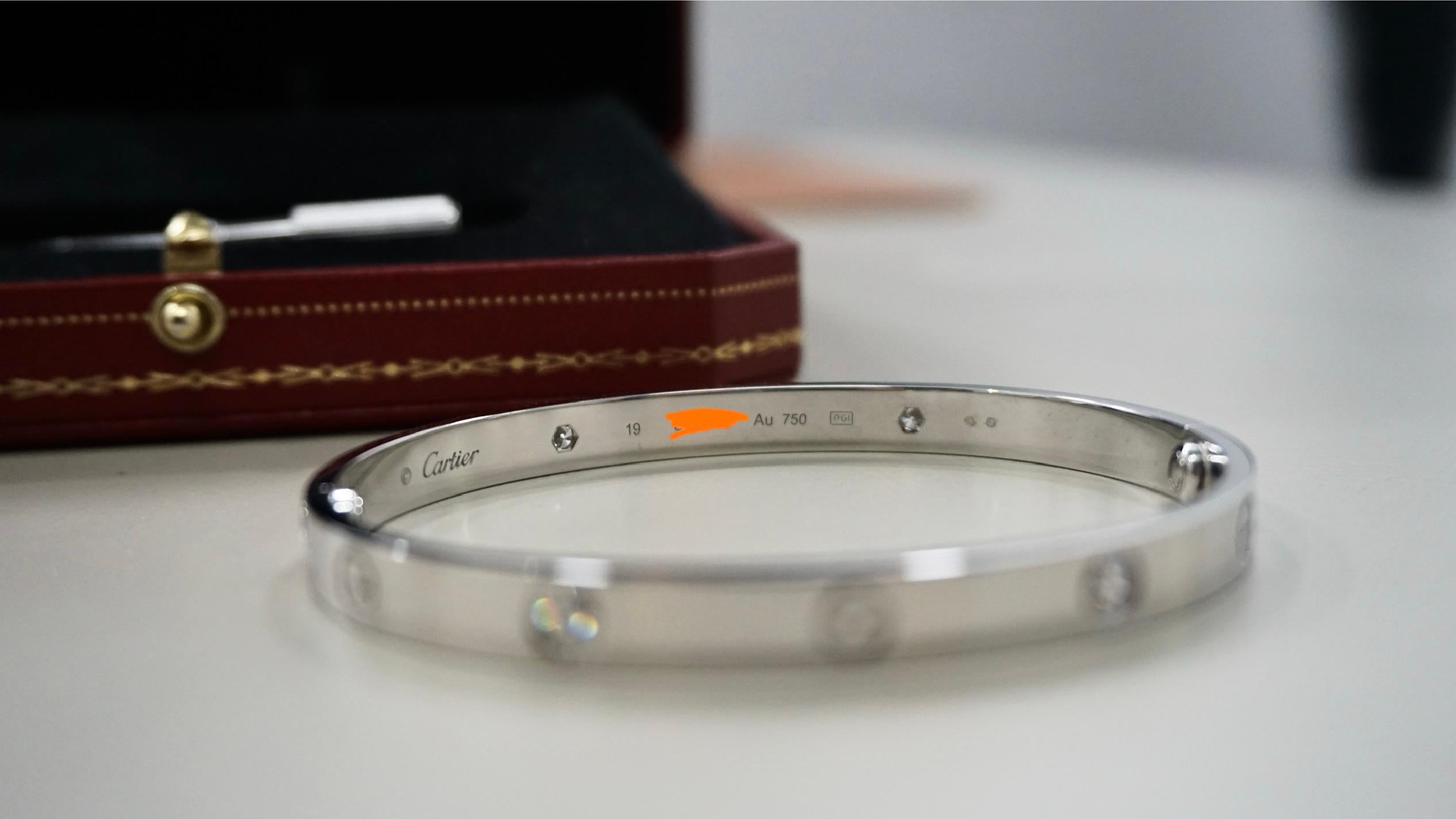 Cartier Classic Love Bracelet Four Diamond Bangle in White Gold Size 19 For Sale 1