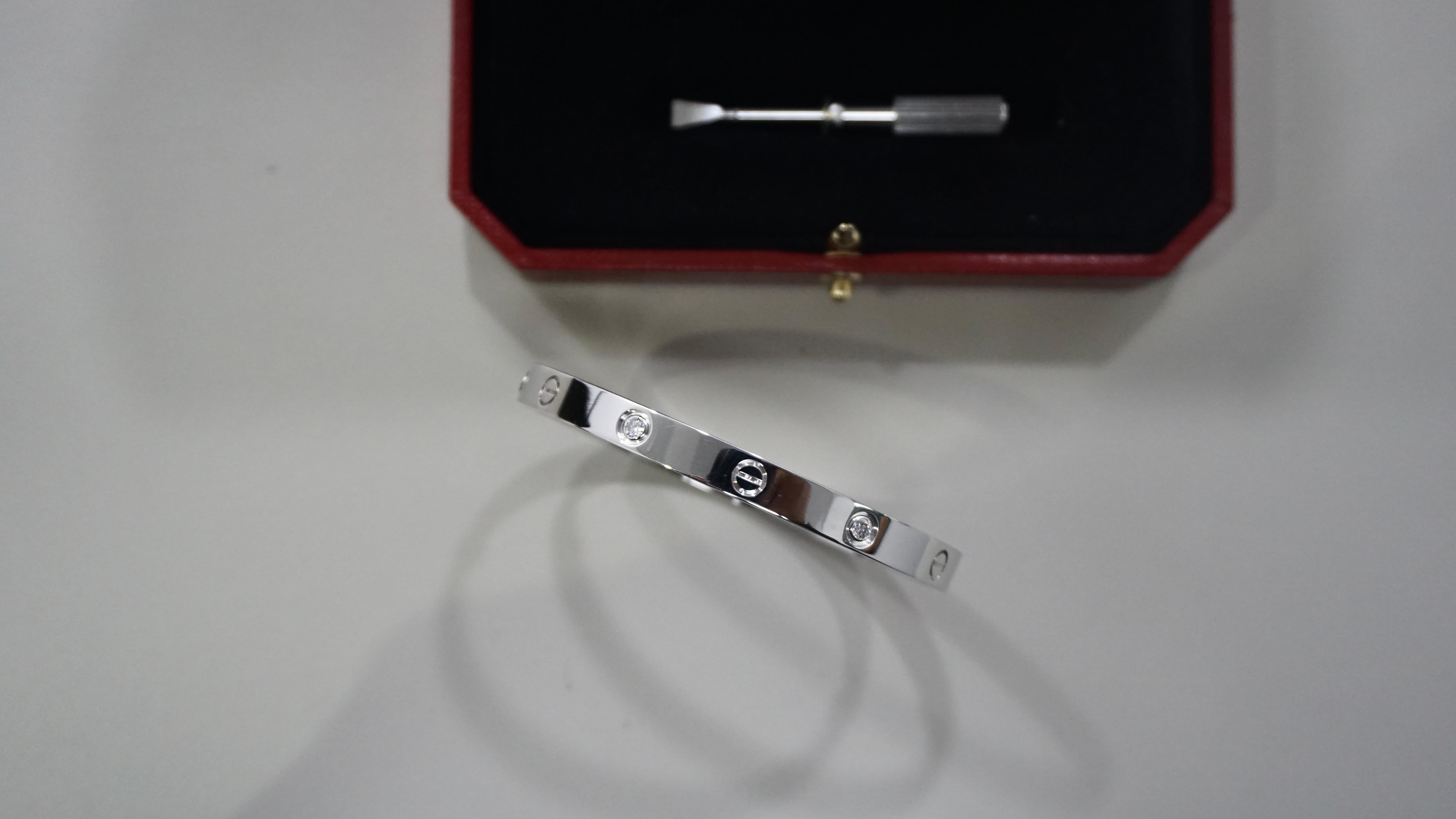 Cartier Classic Love Bracelet Four Diamond Bangle in White Gold Size 19 For Sale 2