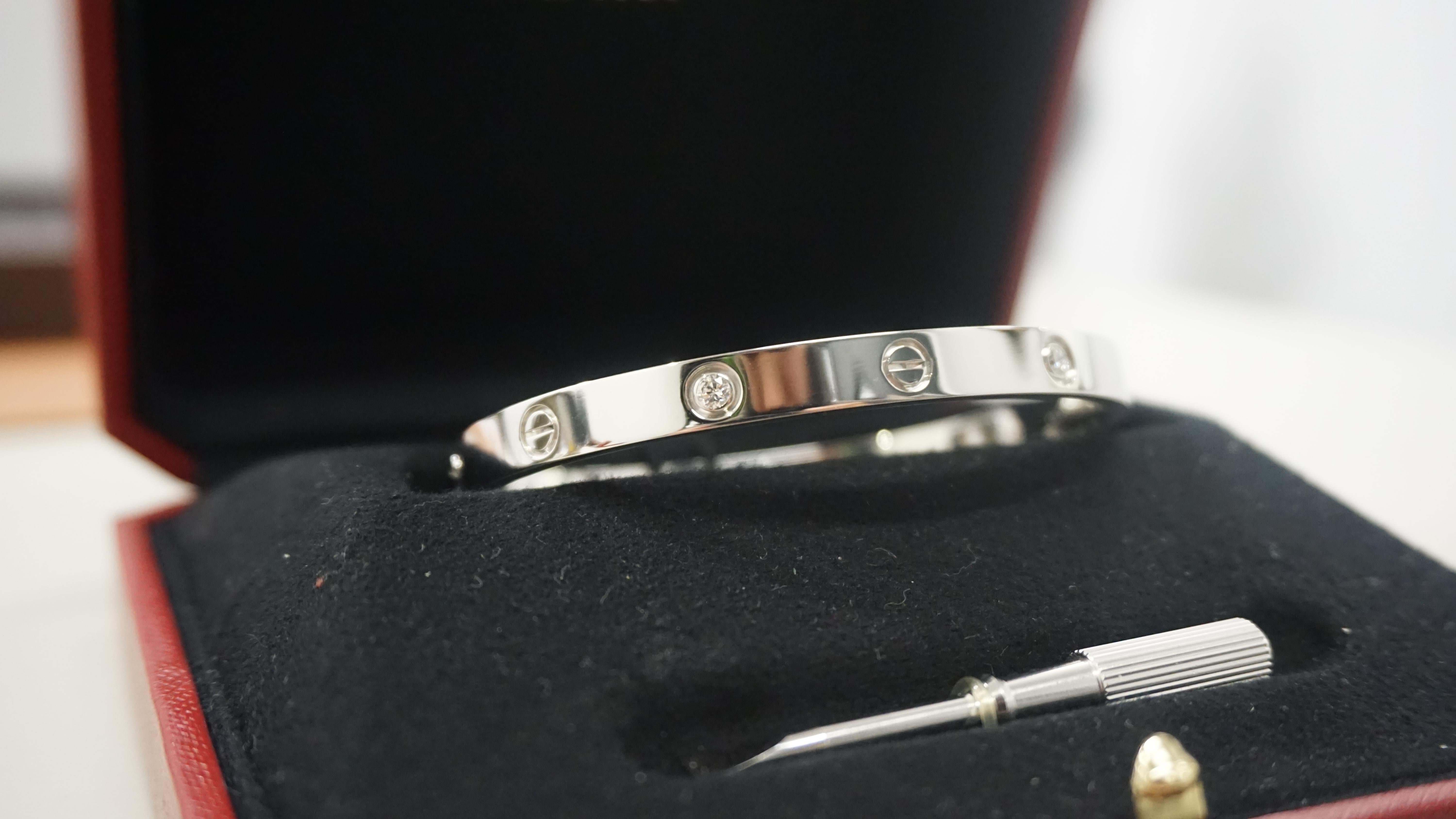 Cartier Classic Love Bracelet Four Diamond Bangle in White Gold Size 19 For Sale 3