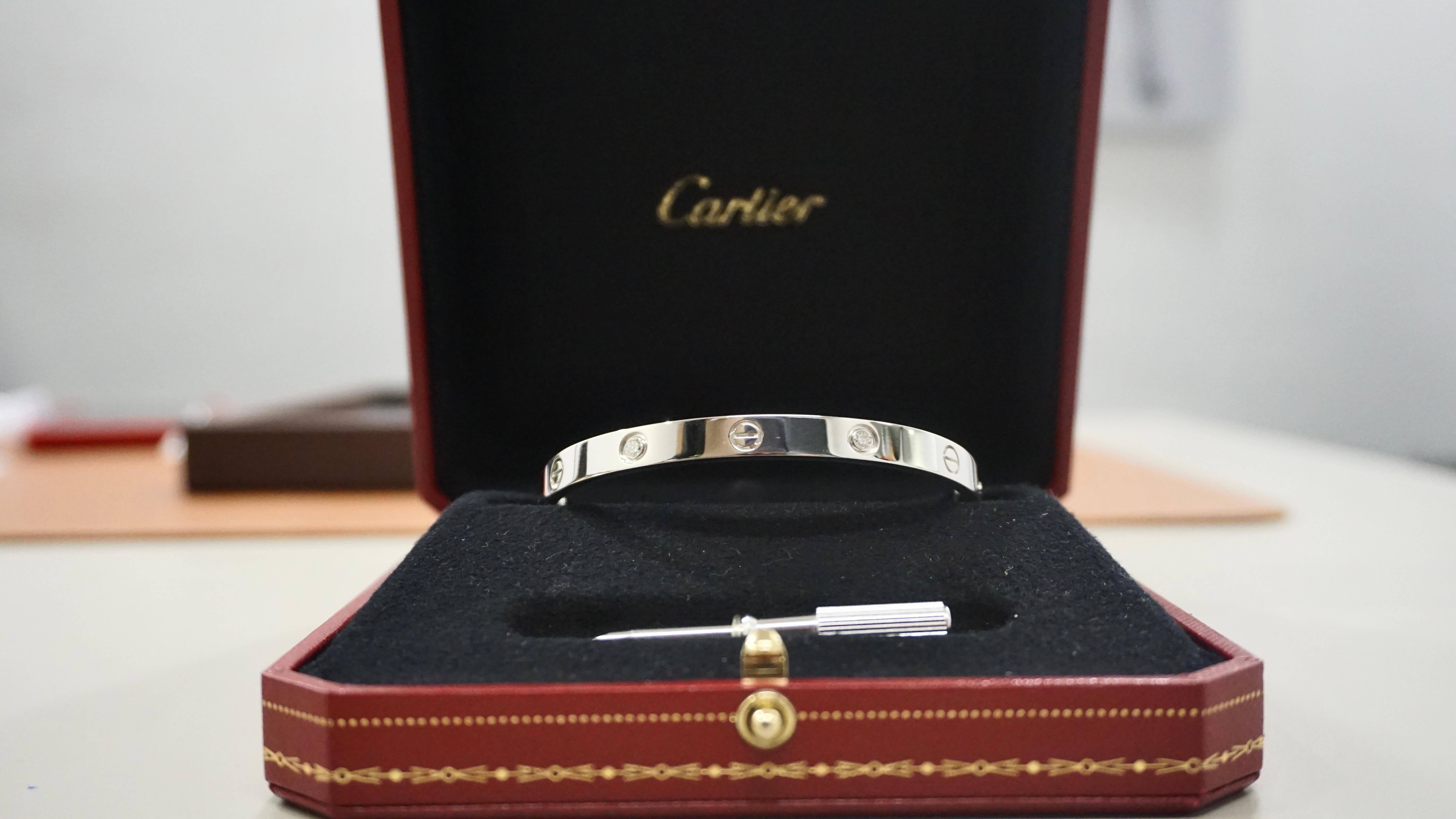Cartier Classic Love Bracelet Four Diamond Bangle in White Gold Size 19 For Sale 4
