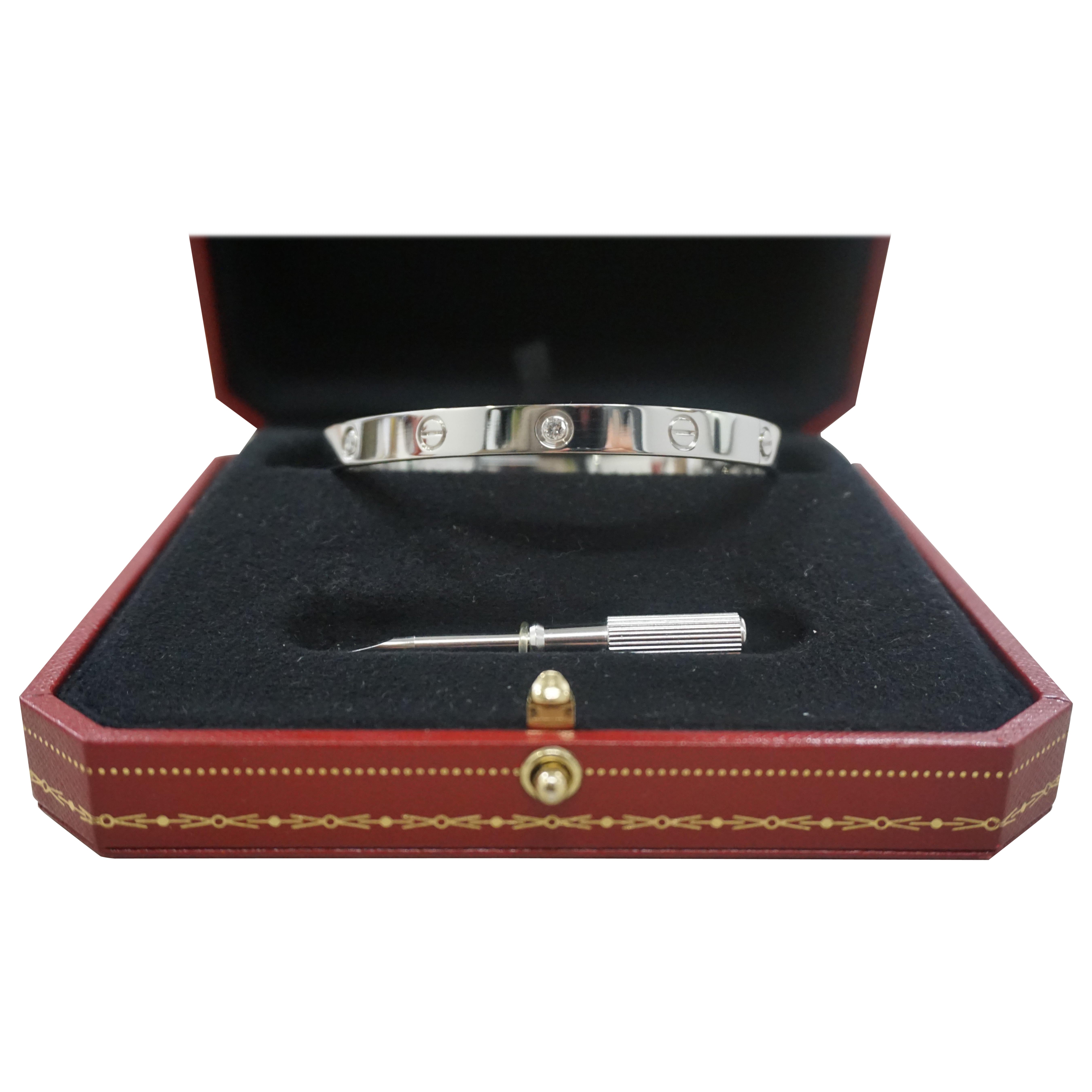 Cartier Classic Love Bracelet Four Diamond Bangle in White Gold Size 19 For Sale
