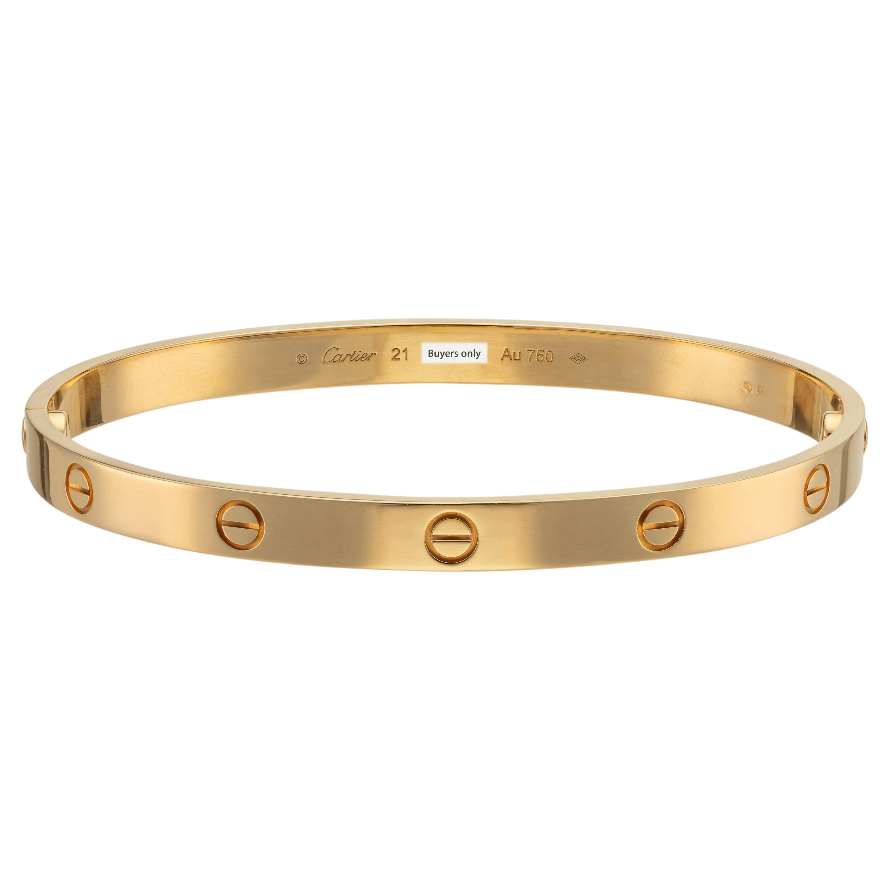 Cartier Classic Love Bracelet in Yellow Gold Size 21 box and certificate For Sale