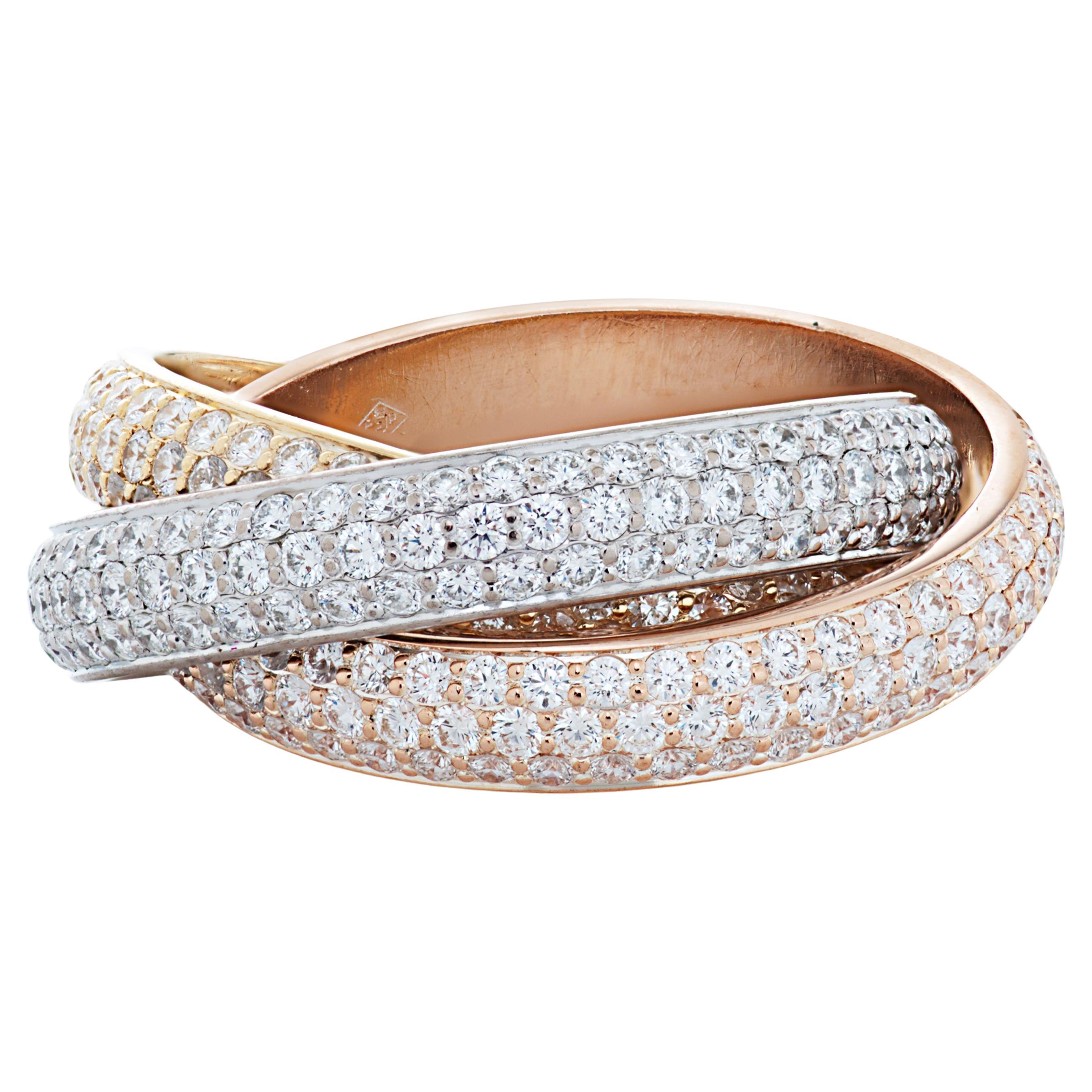 Cartier Classic Model Diamond Trinity Ring in 18k White, Yellow and Rose Gold