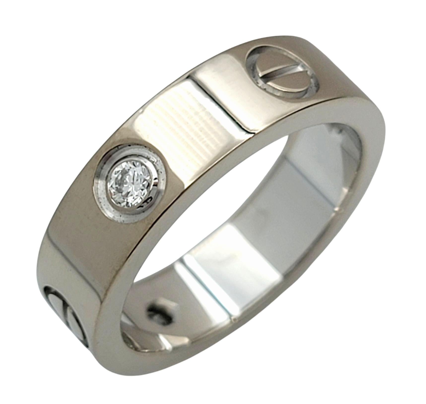 Round Cut Cartier Classic Model Love Band Ring with 3 Diamonds in 18 Karat White Gold For Sale