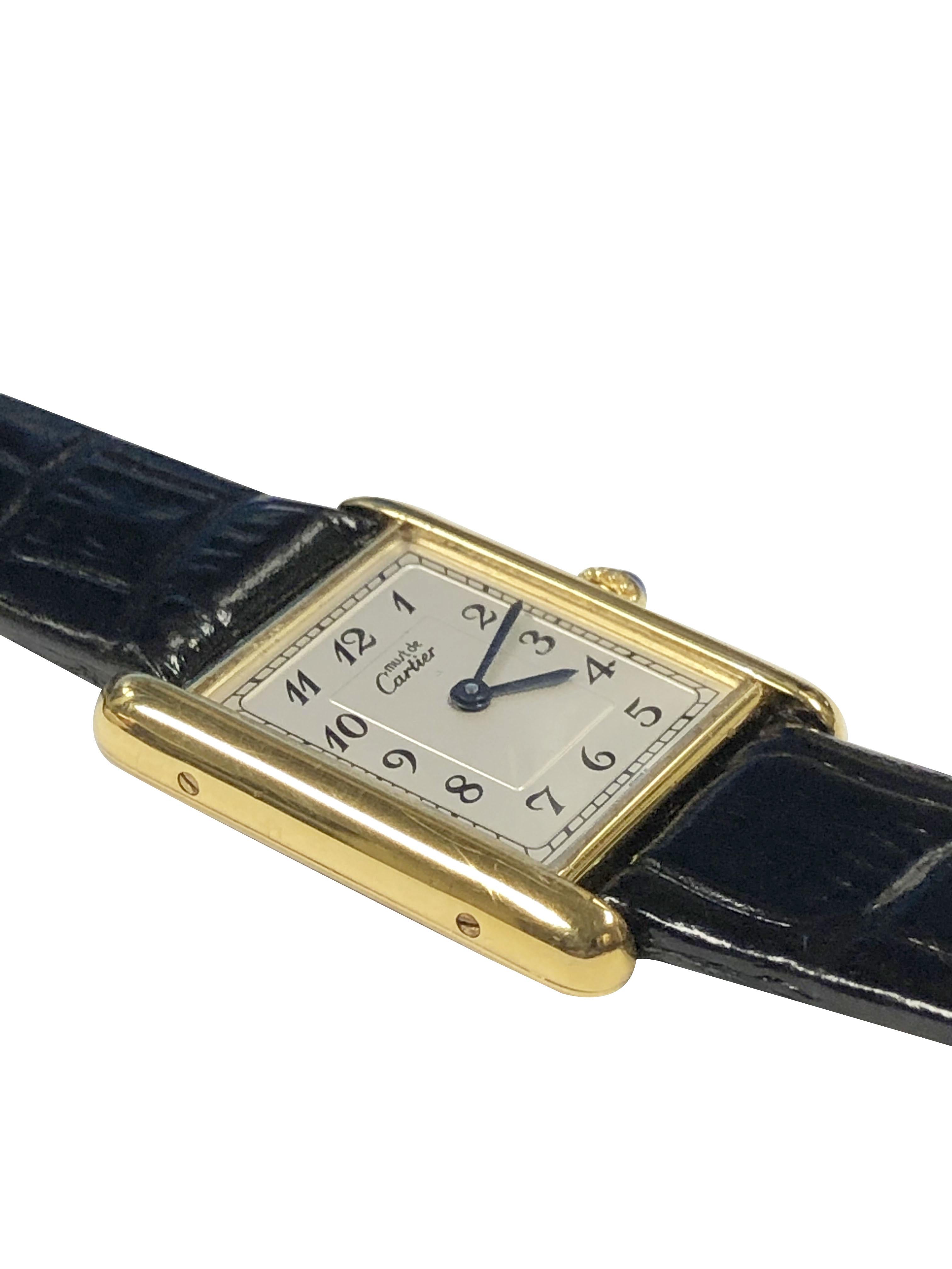 Circa 2005 Cartier, Must de Cartier Classic Tank Wrist Watch, 30 X 22 M.M. Vermeil, Gold Plate on 925 Sterling Silver 2 Piece Water Resistant case, Quartz Movement, Silver Dial with Black Arabic Numerals, Sapphire Crown. New Hadley Roma Black Croco