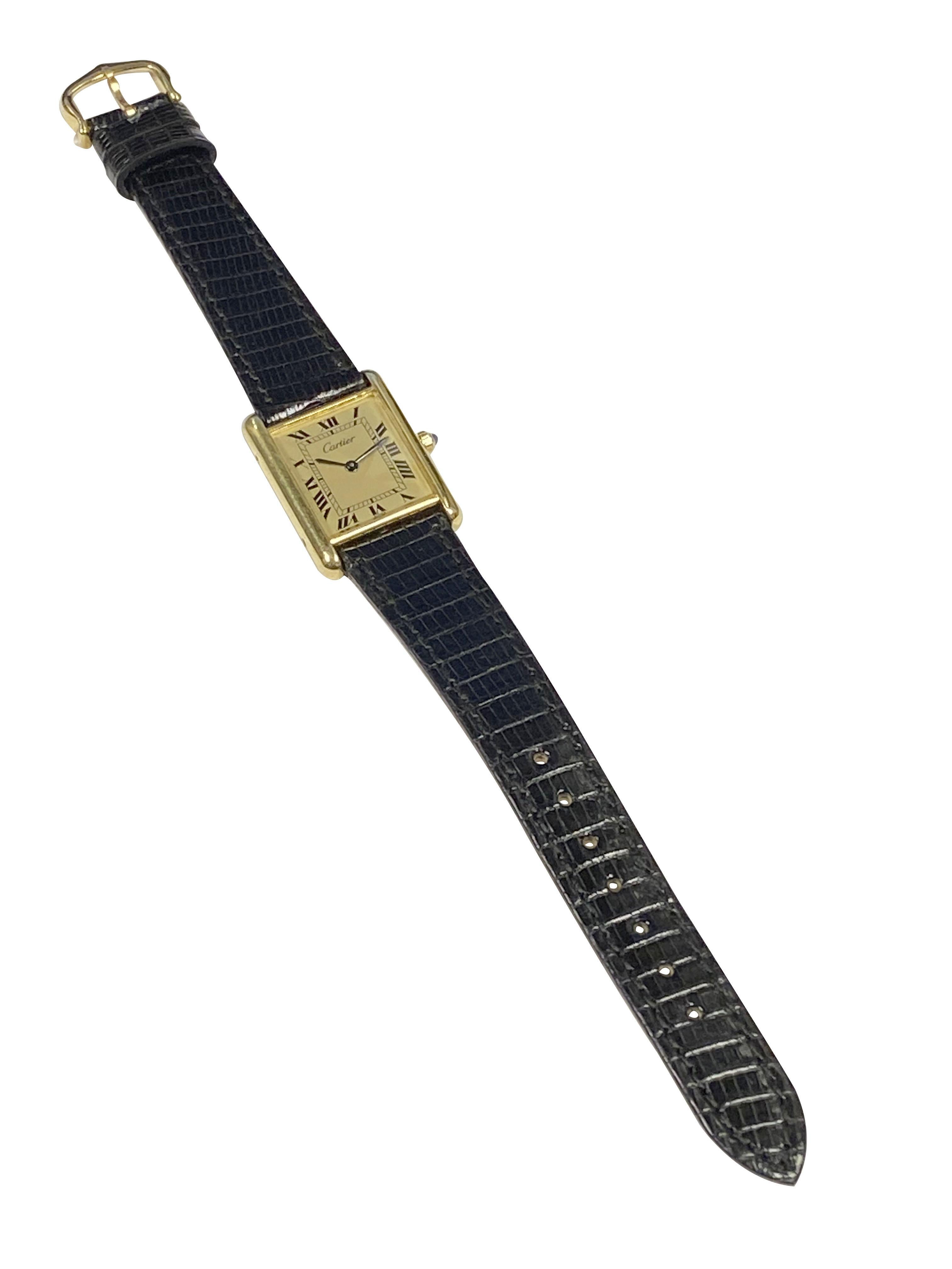 Cartier Classic Tank Vermeil Mid Size Quartz Wristwatch In Excellent Condition In Chicago, IL