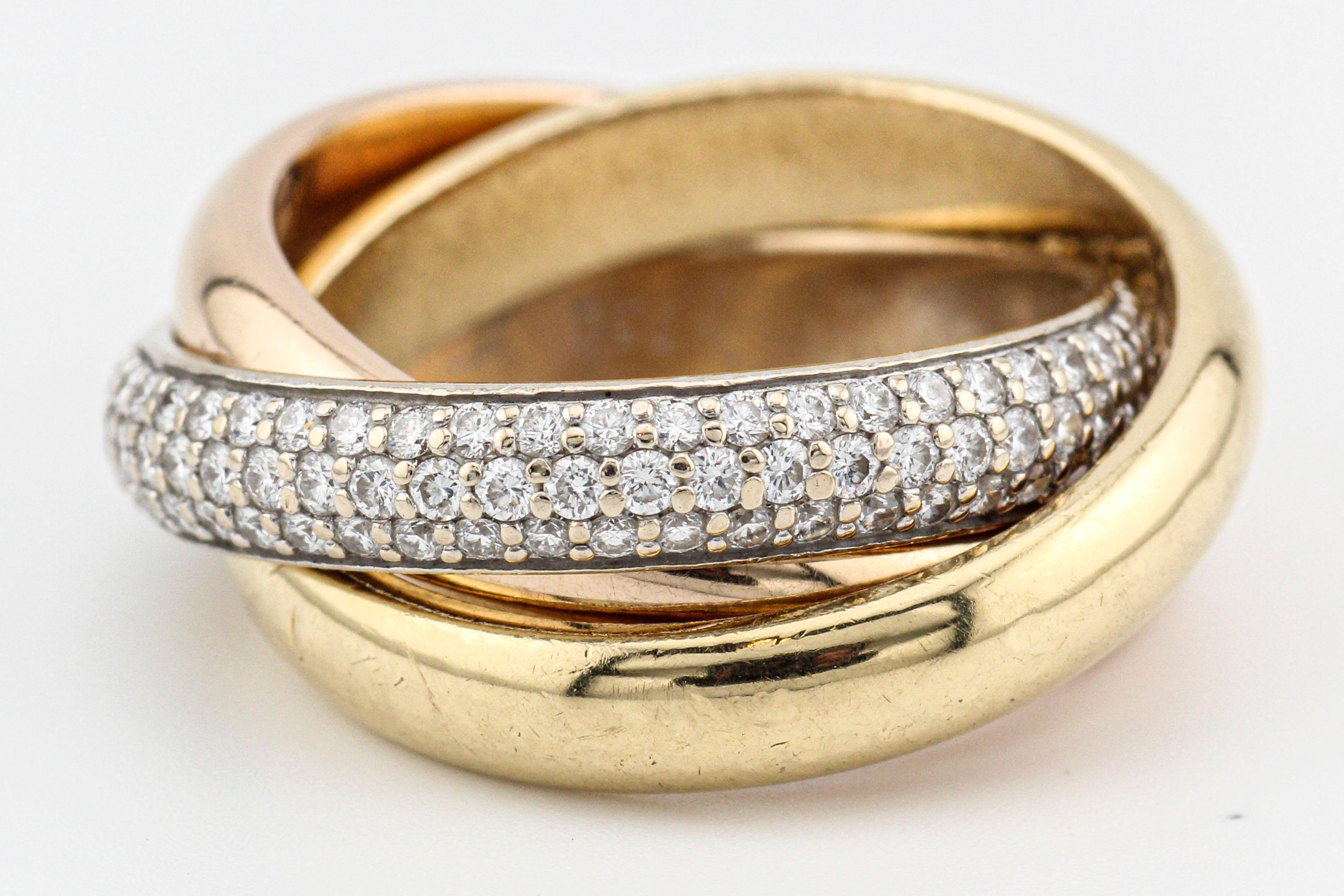 Cartier Classic Trinity Diamond 18k Gelb Rose Weißgold Band Ring Größe 5,75 im Zustand „Gut“ in Bellmore, NY