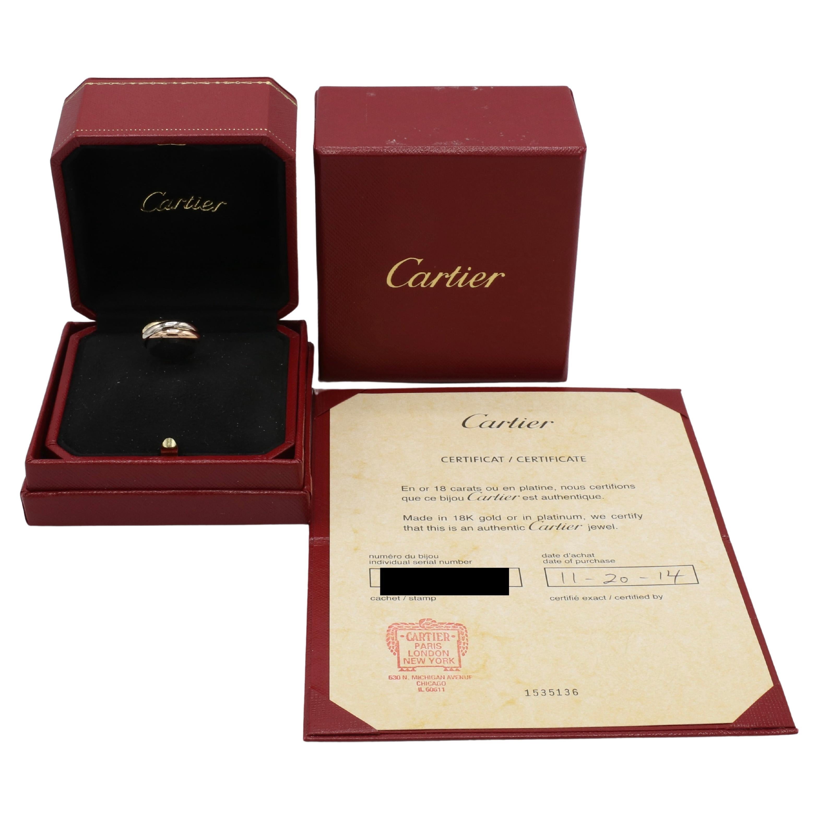 Cartier Trinity Rolling Tr-Color Band Ring Box & Papers
Metal: 18 karat white, yellow, rose gold
Weight: 4.1 grams
Retail: $1,960 USD
Size: 47 (4 US)
Note: Box & Papers
