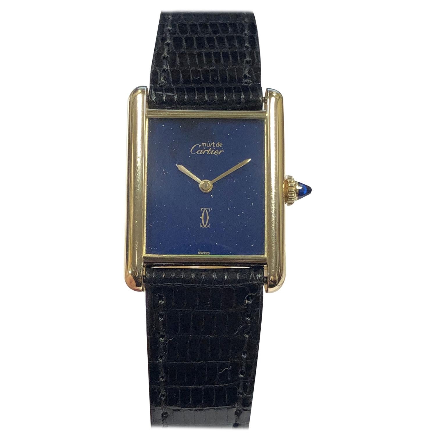 Cartier Classic Vermeil Large Tank Mechanical Wristwatch with Lapis Enamel Dial