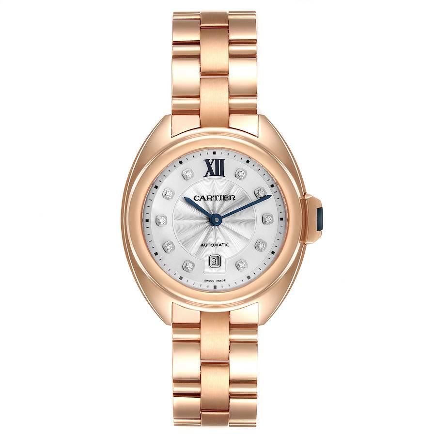 Cartier Cle 18K Rose Gold Automatic Diamond Ladies Watch WJCL0033. Mouvement automatique à remontage automatique. Boîtier rond en or rose 18 carats de 35 mm de diamètre. Couronne affleurante sertie du cabochon de saphir bleu. Lunette lisse en or