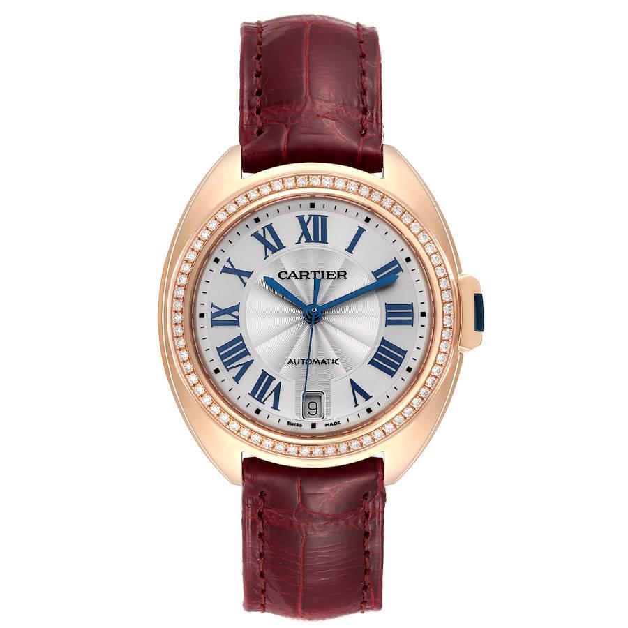 Cartier Cle 18K Rose Gold Diamond Automatic Ladies Watch WJCL0013. Automatic self-winding movement. Round 18K rose gold  case 35 mm in diameter. Flush-mounted crown set with the blue sapphire cabochon. 18K rose gold original Cartier factory diamond