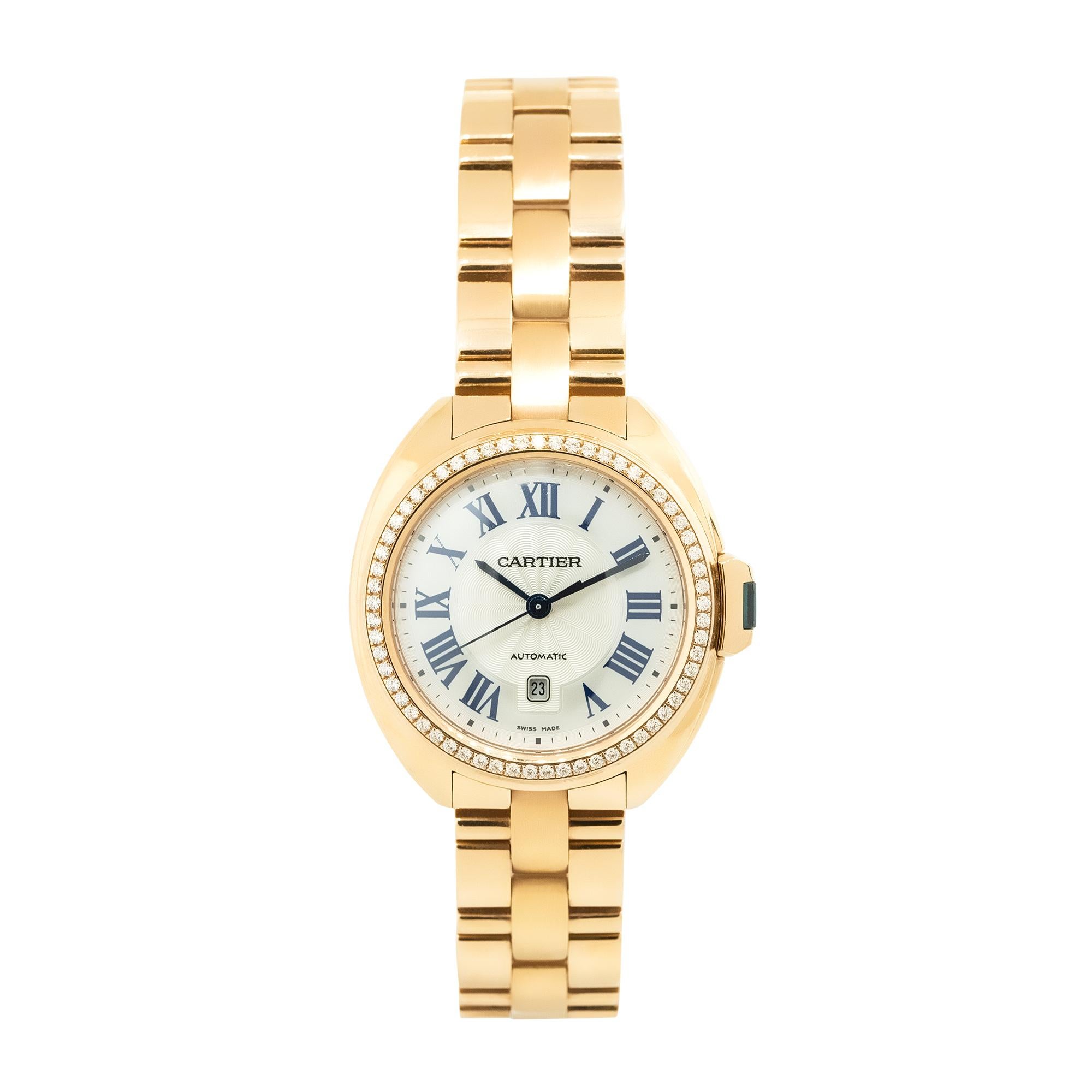 Brand: Cartier
Model: Clé de Cartier
Case Material: 18k Yellow Gold
Case Diameter: 35mm
Dial: Off-White Roman Dial
Bezel: Diamond Bezel
Bracelet: 18k Yellow Gold
Crystal: Sapphire Crystal
Movement: Automatic
Reference Number: WFCL0003
Size: Will fit