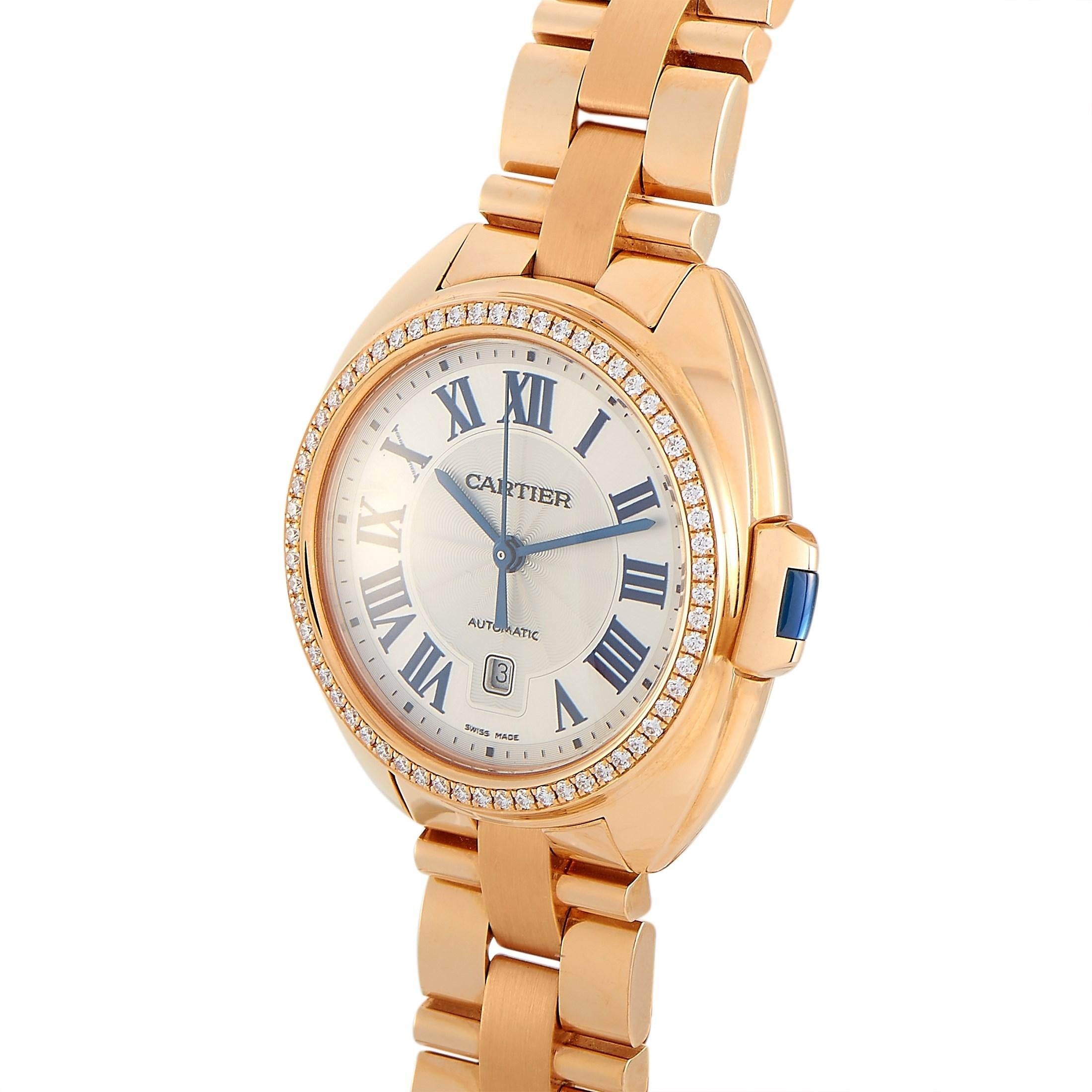 A classy timepiece with a rounded profile, the Cartier Clé de Cartier Ladies Watch WJCL0003 elegantly flexes its soft curves, clean lines, and unique character. Designed with a fixed 18K rose gold bezel set with diamonds, this watch has a Silver