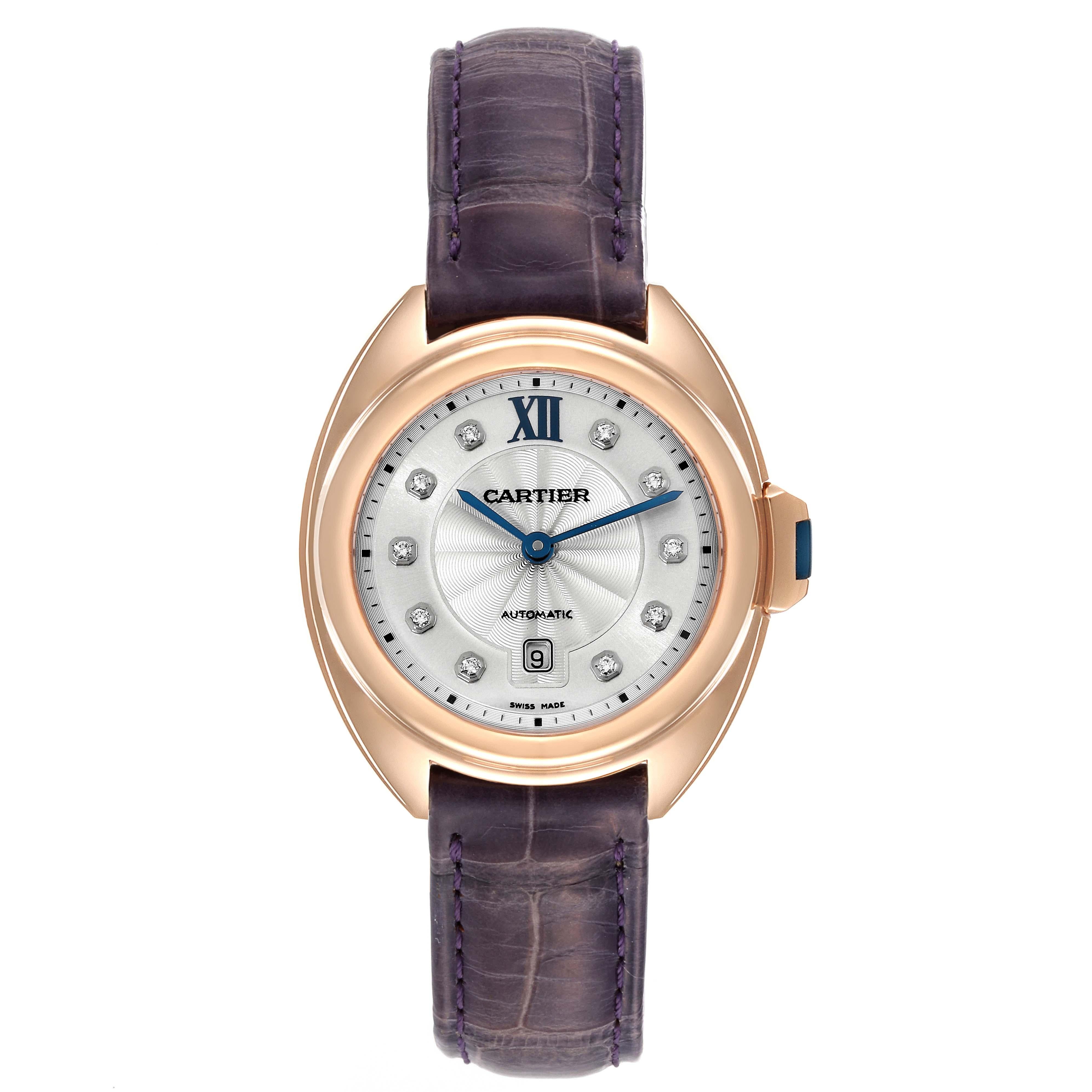 Cartier Cle Rose Gold Automatic Diamond Ladies Watch WJCL0031. Automatic self-winding movement. Round 18K rose gold case 31 mm in diameter. Flush-mounted crown set with the blue sapphire cabochon. 18K rose gold smooth bezel. Scratch resistant