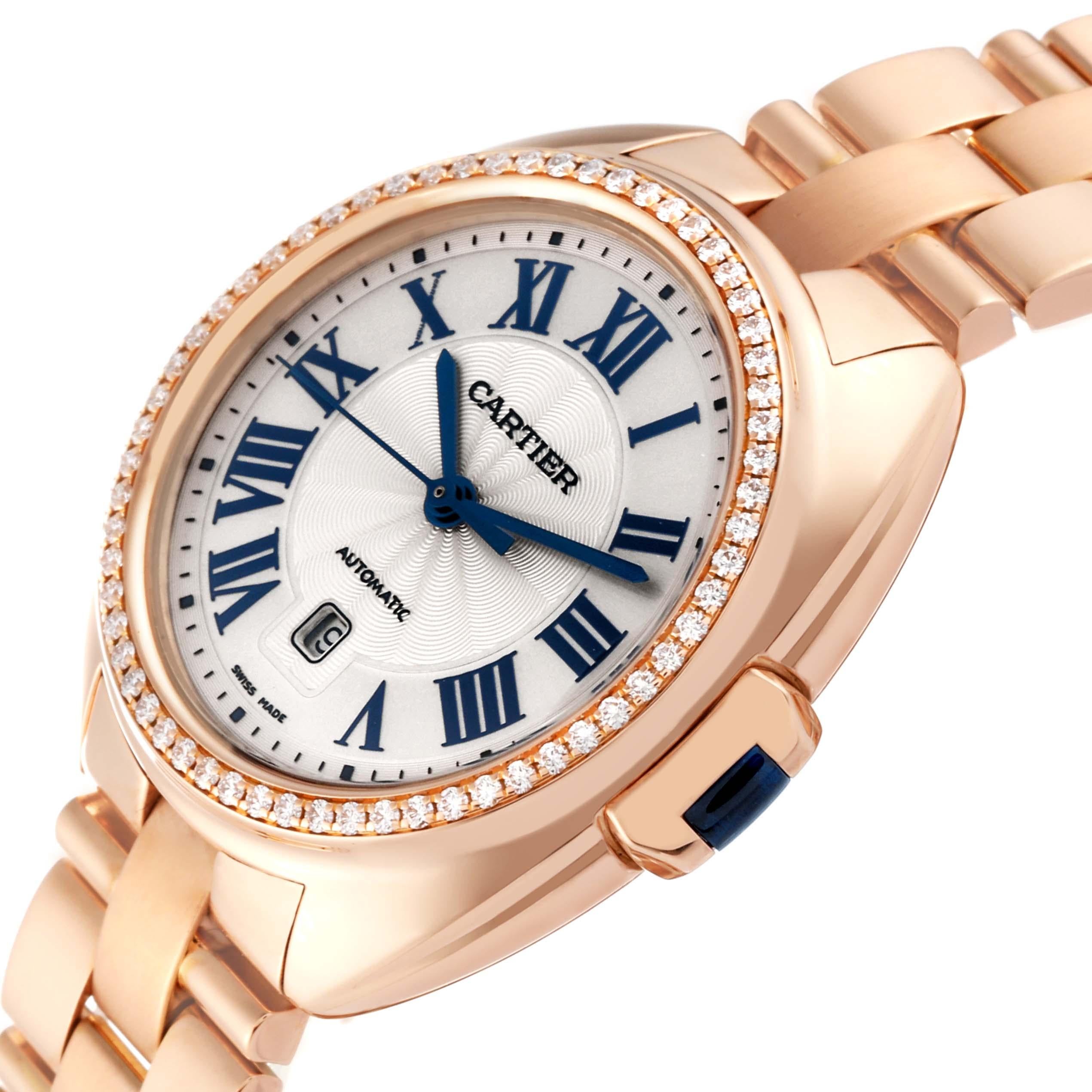 Cartier Cle Rose Gold Diamond Automatic Ladies Watch WJCL0003 Papers. Mouvement automatique à remontage automatique. Rond en or rose 18K  Boîtier de 31 mm de diamètre. Couronne affleurante sertie du cabochon de saphir bleu. Lunette en or rose 18