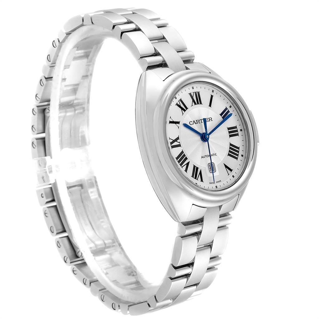 Cartier Cle Silver Guilloche Dial Automatic Steel Ladies Watch WSCL0005 In Excellent Condition In Atlanta, GA