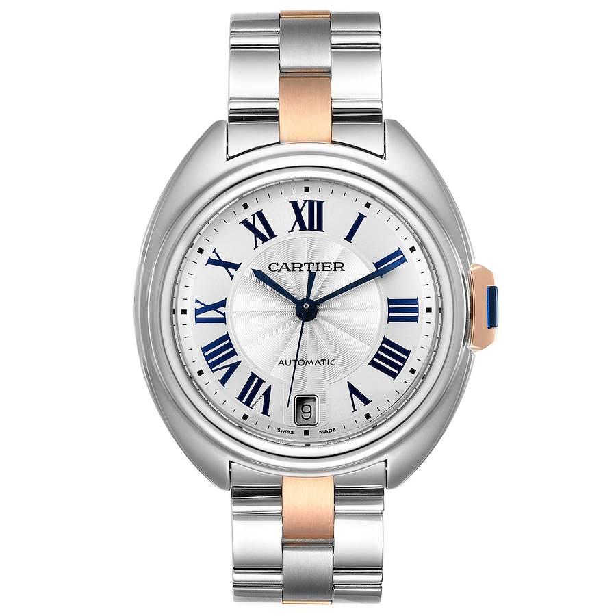 Cartier Cle Steel Rose Gold Automatic Ladies Watch W2CL0003. Automatic self-winding movement. Round stainless steel and rose gold case 35 mm in diameter. Flush-mounted crown set with the blue spinel cabochon. Stainless steel smooth bezel. Scratch