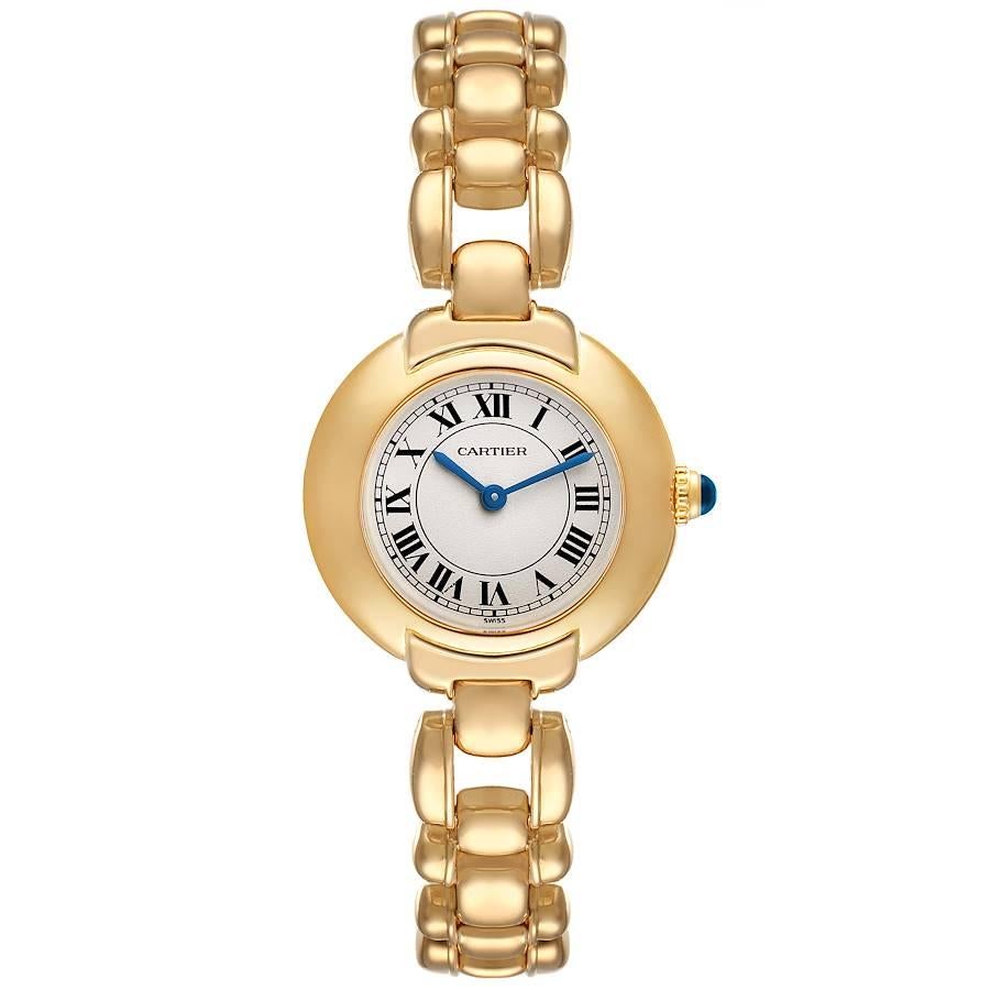 Cartier Colisee 18K Gelbgold Silber Zifferblatt Quarz Damenuhr. Quarzwerk. 18k Gelbgold rundes Gehäuse 26 mm im Durchmesser Octagonal Krone mit dem blauen Saphir Cabochon gesetzt. glatte Lünette aus 18 Karat Gelbgold. Kratzfestes Saphirglas.