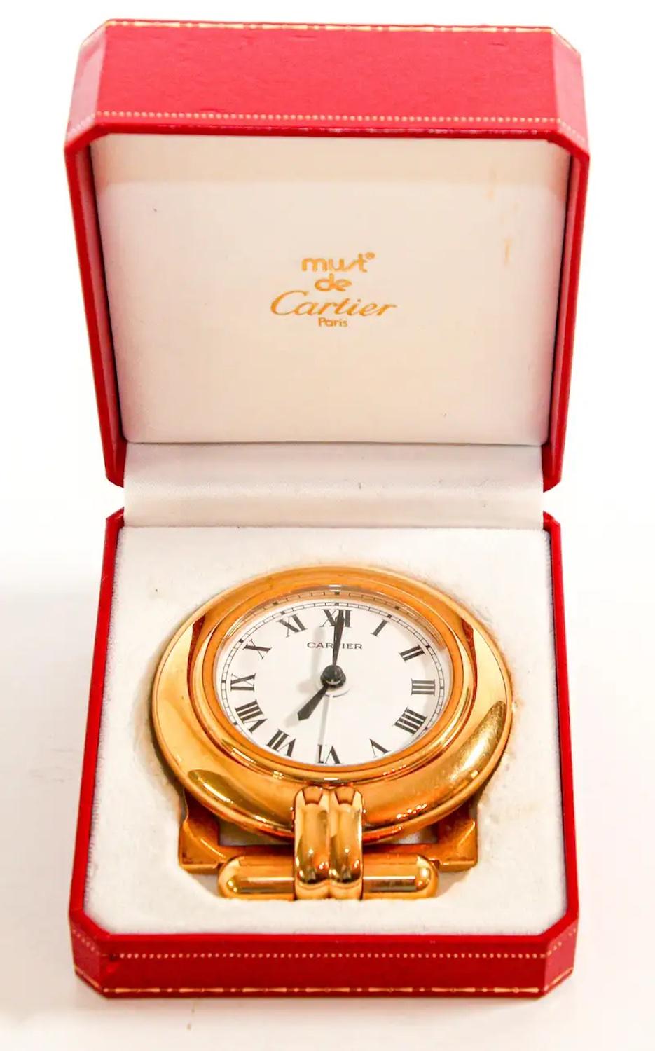 Cartier Colisee Art Deco Reise-Schreibtischuhr 24-Karat vergoldet 7
