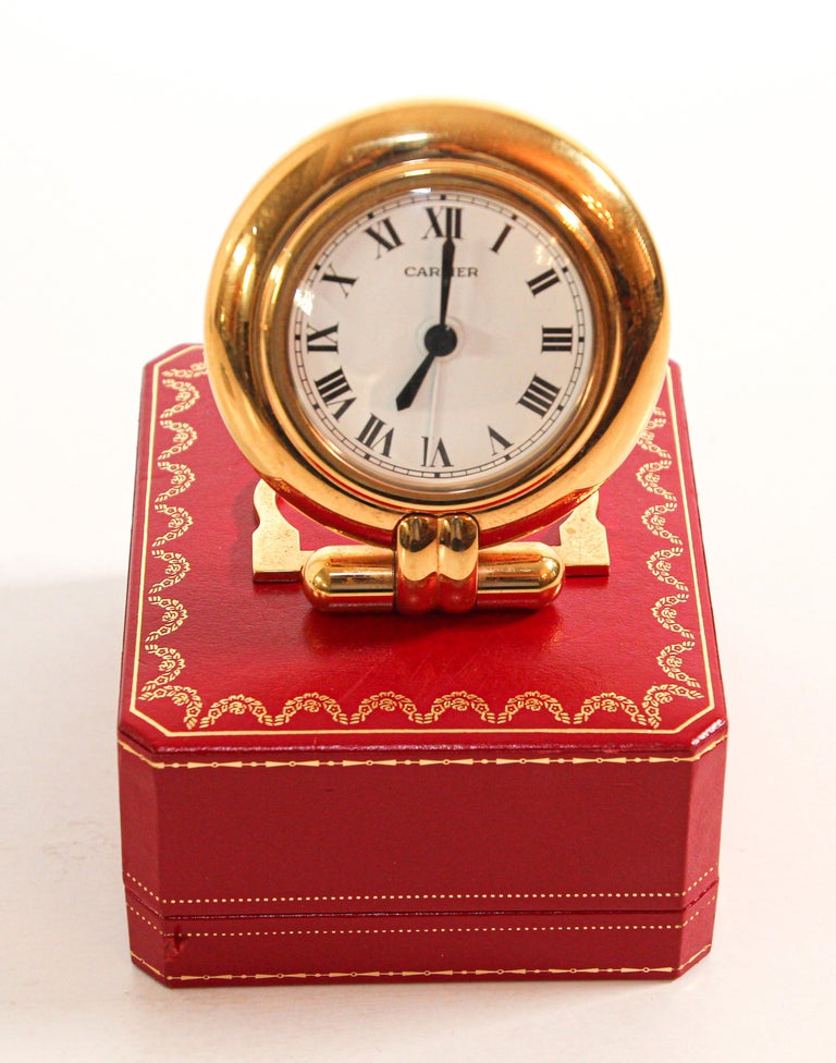 20th Century Cartier Colisee Art Deco Travel Desk Clock 24-Karat Gold-Plated For Sale