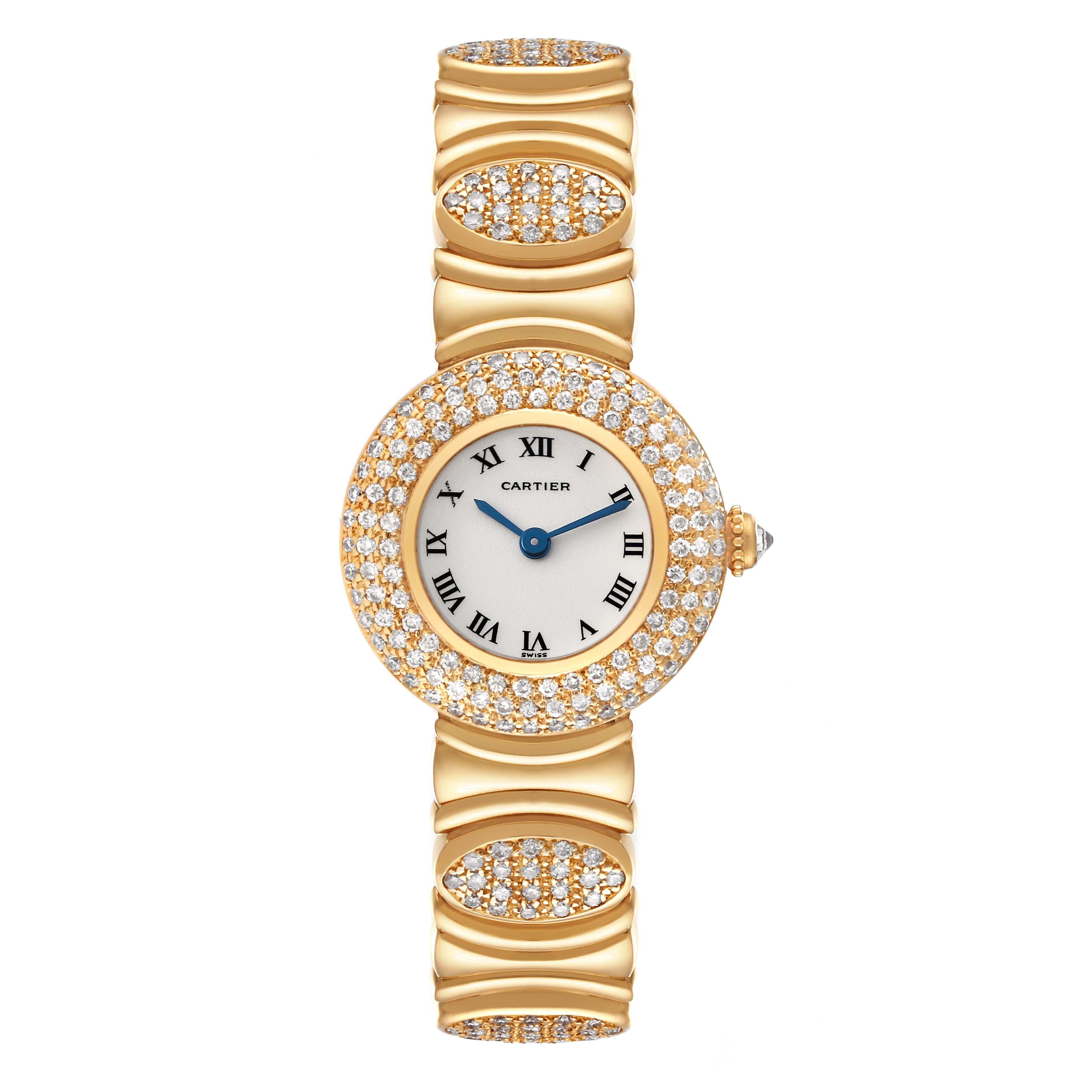 Cartier Colisee Clasque d'Or Yellow Gold Silver Dial Diamond Ladies Watch. Quartz movement. 18k yellow gold case 23.8 mm in diameter. Circular grained crown set with an original Cartier factory diamond. 18K yellow gold original Cartier factory  pav?